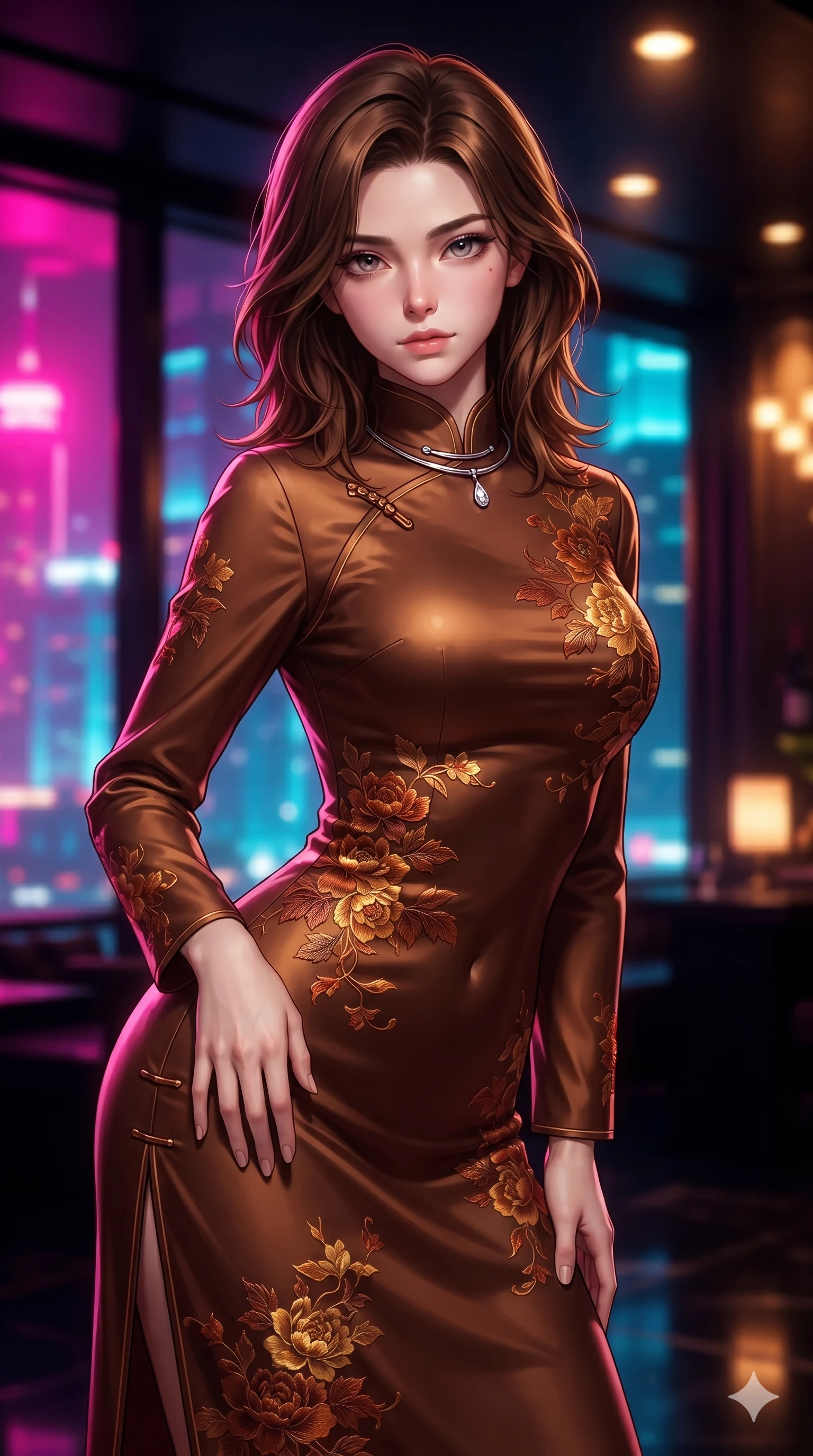 score_9, masterpiece, best quality, ultra-detailed, high-budget anime keyframe, editorial fashion photography, tasteful artistic composition, Korean woman. close-up cowboy shot from the waist and thighs up, the character dominates the composition, filling the frame with her large presence. leaning forward while arching her lower back to accentuate her curvy hips, looking into the camera with an intoxicating smoldering gaze and bedroom-eyes while arching her spine backward with effortless dancer poise, one hand sliding along her hip line as directional light carves specular highlights along her silhouette. The surrounding environment is rendered in vivid detail and crisp panoramic clarity: rich high-contrast Shanghai modern noir chiaroscuro and ultra-luxury Oriental grand touring aesthetics in precision. She has an exceptionally elegant, slender, and willowy female figure with an ultra-slim waist, flat toned midriff, narrow ribcage, and sculpted feminine hips creating an alluring, slim hourglass silhouette without bulk. sharp v-shaped jawline, high-bridge nose, intricate jewel-like sparkling eyes with depth, thick eyelashes, glossy parted lips with a natural sheen, intensely captivating and seductive bedroom-eyes expression, exuding both youthful cute charm and sovereign luxury allure, flawlessly proportioned anatomical accuracy, strict slender model proportions, natural body alignment, perfectly sculpted long slender limbs, ultra-slim waistline, clean dynamic posture without body distortion. wearing a prestigious high-neck long-sleeve silk cheongsam evening gown with modest silhouette and embroidered floral crests in rich copper bronze and warm amber, tailored from heavy double-faced silk georgette with an exceptionally fluid drape, finished with a minimalist chrome choker and a single teardrop diamond pendant, the impeccably tailored cut draping gracefully along her slender figure with aristocratic poise. bathed in vibrant magenta and electric cyan river skyline reflections contrasting with warm amber interior downlights. ultra-reflective glossy finish, specular highlights, rich textural contrasts, high-contrast stereoscopic depth, volumetric dynamic lighting, 2k, ultra detail, master piece, 9:16 ratio