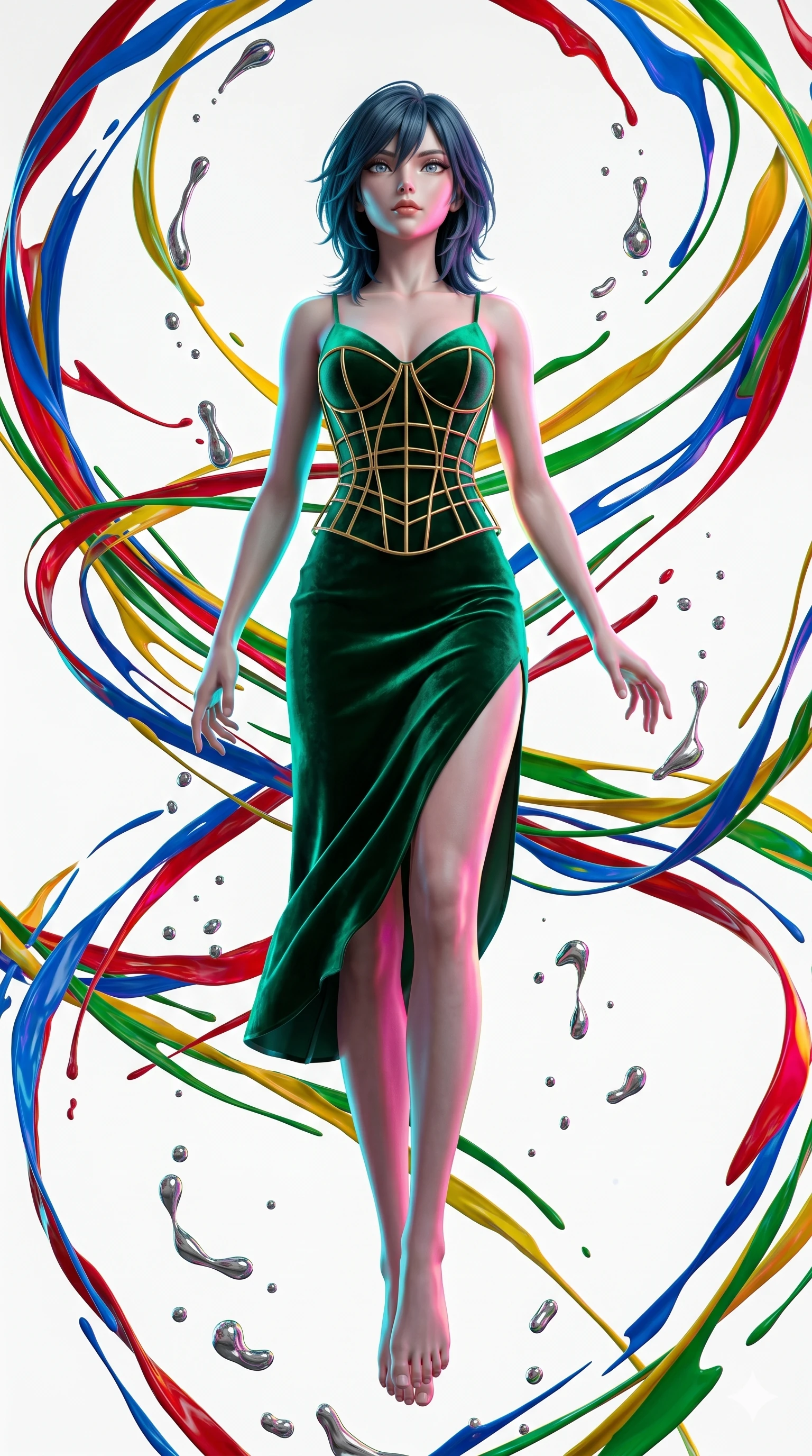 score_9, masterpiece, best quality, ultra-detailed, high-budget anime keyframe, editorial fashion photography, tasteful artistic composition, Caucasian woman, strictly human ears. low angle full-body shot from head to toe showing her feet, filling the entire 9:16 vertical frame with her statuesque presence, stretching her vertical silhouette. gracefully floating amidst in a white gallery void where thousands of vivid acrylic paint ribbons swirl while liquid mercury droplets float upward in zero gravity. She has an absolutely perfect 8-heads proportion, an exceptionally tall and slender female figure with impossibly long slender legs and an ultra-slim waist. V-shaped jawline, high-bridge nose, intricate jewel-like eyes with depth, thick eyelashes, glossy lips with a natural sheen.. wearing a mathematical gold wire cage corset and an emerald green silk velvet slip dress with an asymmetric elegant knee-high side slit. bathed in brilliant cinematic volumetric lighting and intense neon rim light highlighting her slender form. 2k, ultra detail, master piece, 9:16 ratio