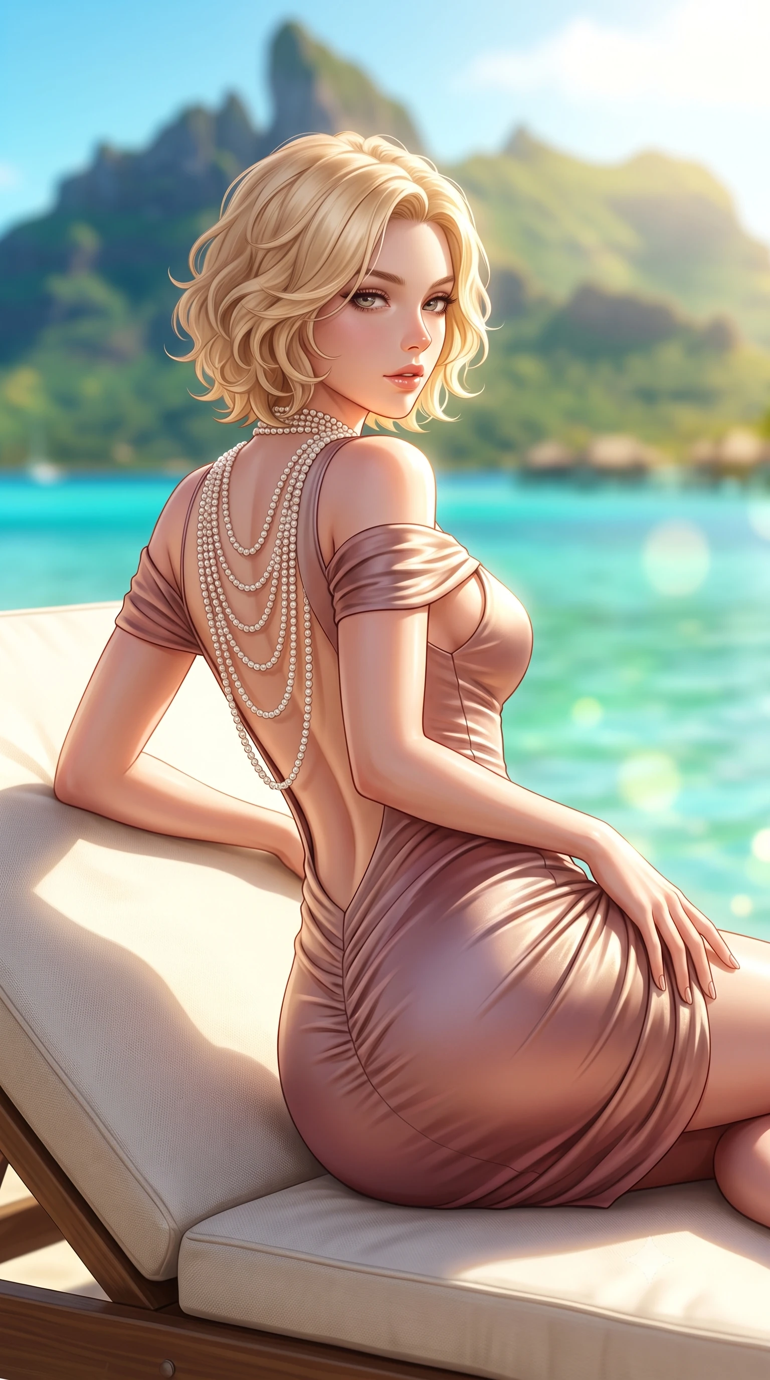 score_9, masterpiece, best quality, ultra-detailed, high-budget anime keyframe, semi-realistic 3D game render, editorial fashion photography, tasteful artistic composition, Caucasian woman. close-up cowboy shot from the waist and thighs up, the character dominates the composition, filling the frame with her large presence. arching her spine backward with effortless dancer poise, one hand sliding along her hip line as directional light carves specular highlights along her silhouette while reclining across an ivory canvas daybed propped on one elbow, her curvy hips and long slender legs bathed in radiant South Pacific sun. The composition keeps background elements in soft focus with creamy bokeh. dramatic volcanic jagged spires of Mount Otemanu and multi-hued turquoise lagoon waters blurred into aquamarine, jade, and golden bokeh. She has an exceptionally elegant, slender, and willowy female figure with an ultra-slim waist, flat toned midriff, narrow ribcage, and sculpted feminine hips creating an alluring, slim hourglass silhouette without bulk. sharp v-shaped jawline, high-bridge nose, intricate jewel-like eyes with depth, thick eyelashes, glossy parted lips with a natural sheen, intensely captivating and seductive bedroom-eyes expression, flawlessly proportioned anatomical accuracy, strict slender model proportions, natural body alignment, perfectly sculpted long slender limbs, ultra-slim waistline, clean dynamic posture without body distortion. wearing a form-contouring cocktail dress with an asymmetrical open shoulder and hip-defining ruching in dusky blush rose and champagne shimmer, tailored from water-resistant treated wool gabardine and flexible stretch silk, accented with a multi-strand pearl back necklace cascading down her bare spine to her hips, the precision-cut side openings and low-back scoop framing her graceful spine and the sensual sweep of her slim, toned hips. bathed in brilliant South Pacific golden afternoon sunlight and vibrant turquoise water bounce fill. highly saturated vibrant anime colors, detailed shading with soft gradients, rich glossy textures, high-contrast stereoscopic depth, volumetric dynamic lighting, master piece, 9:16 ratio