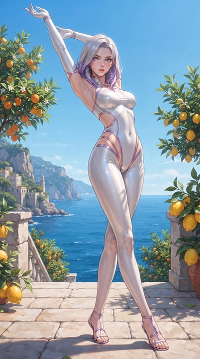 score_9, masterpiece, best quality, ultra-detailed, high-budget anime keyframe, editorial fashion photography, tasteful artistic composition, Caucasian woman. low angle full-body shot from head to toe showing her feet, filling the entire 9:16 vertica