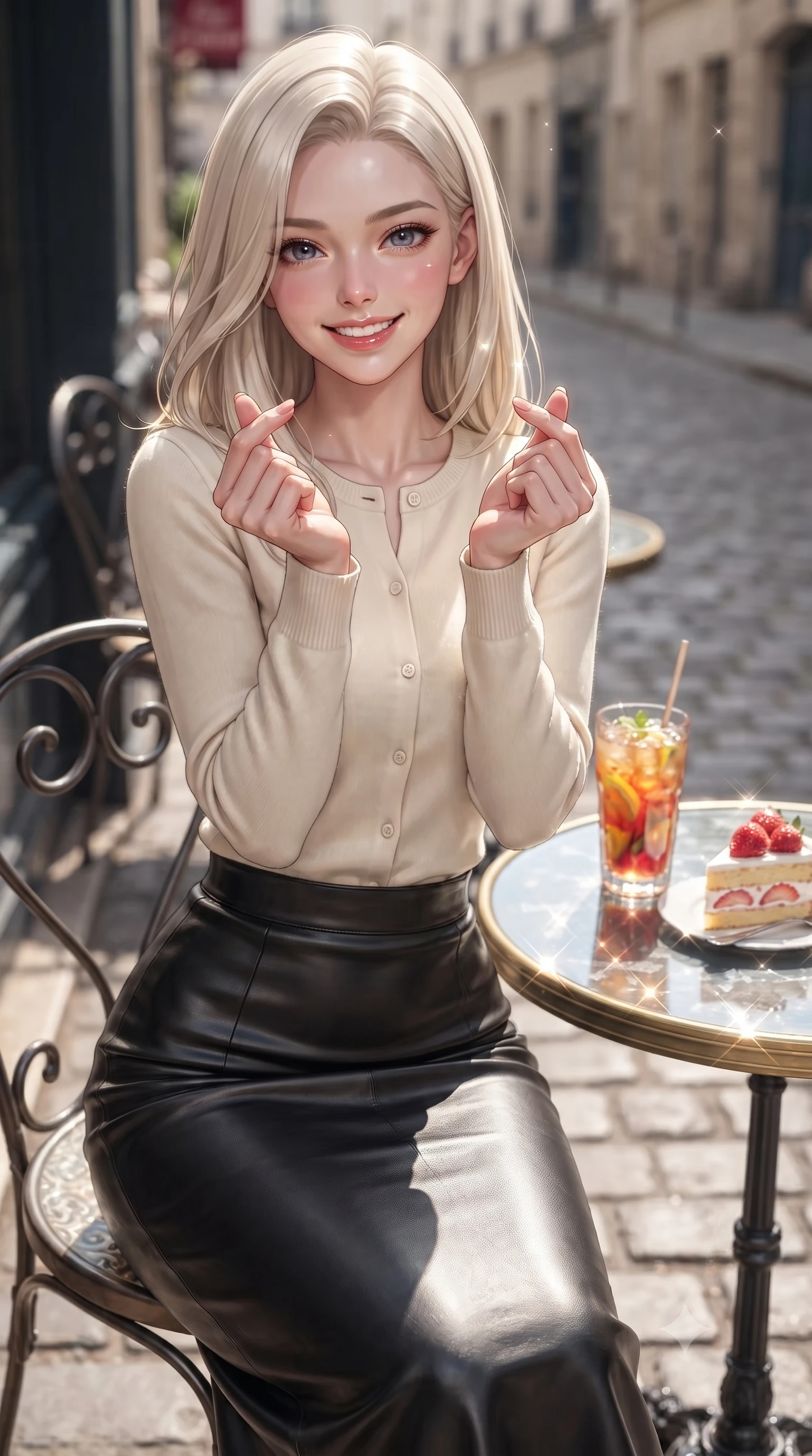 score_9, masterpiece, best quality, ultra-detailed, high-budget anime keyframe, editorial fashion photography, tasteful artistic composition, Caucasian woman. close-up cowboy shot from the waist and thighs up, the character dominates the composition, filling the frame with her large presence, background elements kept in soft focus. flashing a bright, sunny grin, holding her fingers in a cute small heart shape set against a soft-focus background of at a vintage Parisian-style cafe corner next to a quiet cobblestone street with a glass of iced fruit tea and a slice of strawberry shortcake nearby. She has an exceptionally elegant, slender, and willowy female figure with an ultra-slim waist, a gracefully sculpted slender torso, and a refined silhouette. sharp v-shaped jawline, high-bridge nose, intricate jewel-like eyes with depth, thick eyelashes, glossy lips with a natural sheen. wearing form-contouring tight-fitting cashmere cardigan closed, paired with a sleek leather midi skirt. bright daylight reflecting off the glass table and creating sparkling glints. ultra-reflective glossy finish, specular highlights, metallic sheen, high-contrast stereoscopic depth, volumetric dynamic lighting, 2k, ultra detail, master piece, 9:16 ratio