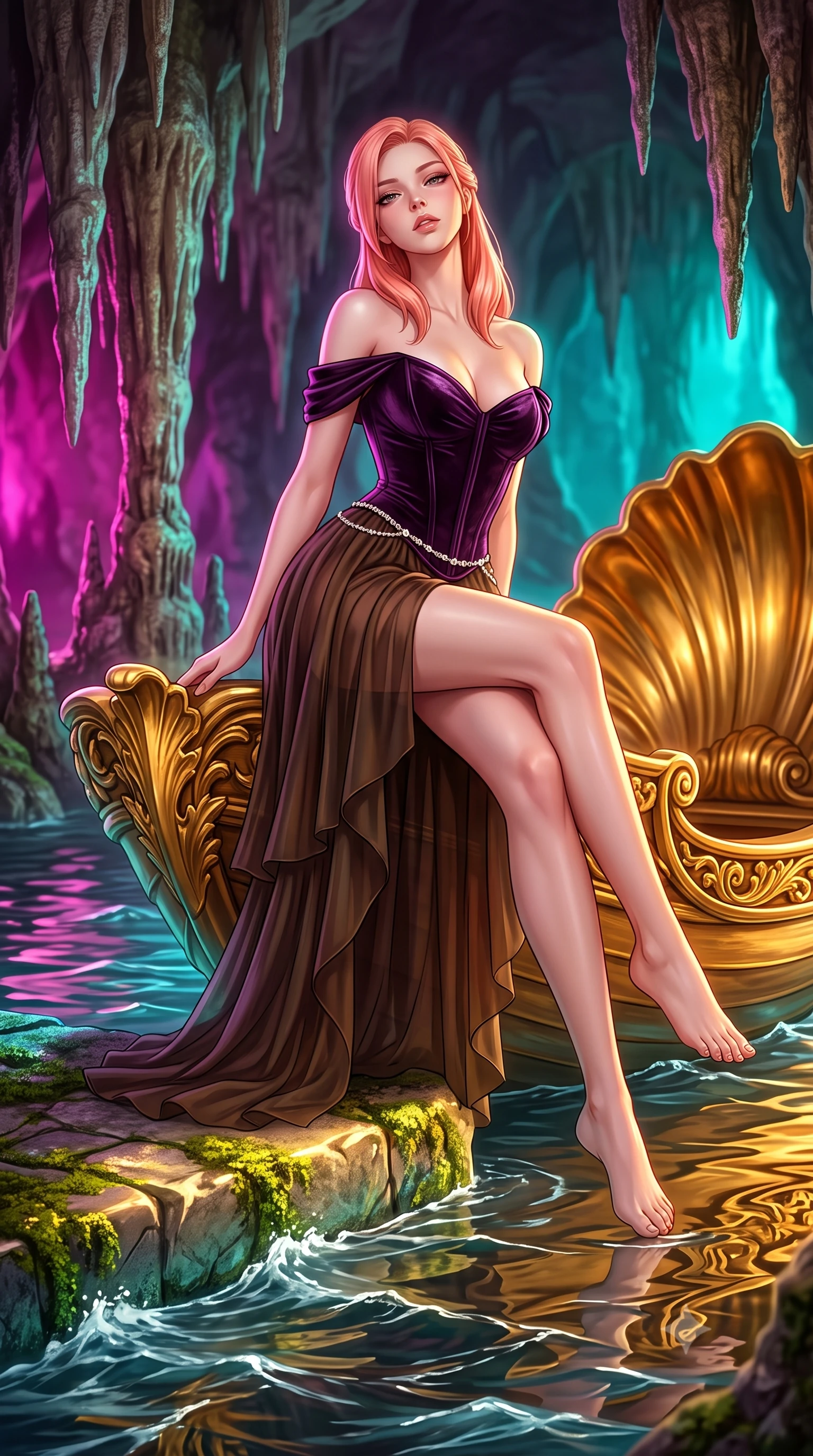 score_9, masterpiece, best quality, ultra-detailed, high-budget anime keyframe, semi-realistic 3D game render, editorial fashion photography, tasteful artistic composition, Japanese woman. low angle full-body shot from head to toe showing her feet, filling the entire 9:16 vertical frame with her statuesque presence, stretching her vertical silhouette. sitting perched on the elevated edge with hips angled toward the camera and legs crossed, displaying her toned midriff and flawlessly sculpted slender limbs while standing on the edge of the subterranean illuminated lake beside King Ludwig's ornate golden shell boat, arching her back as artificial waves lap at stone shores. The surrounding environment is rendered in vivid detail and crisp panoramic clarity. sharp carved gilded shell boat flourishes, artificial stalactite textures, and cave water surface tension in deep focus. She has an exceptionally tall and slender model-like 8.5-heads proportion, an ultra-slim waist, a flat toned midriff, narrow delicate ribcage, and beautifully sculpted feminine hips creating a graceful, slim hourglass silhouette without any bulky heaviness, with impossibly long slender legs. sharp v-shaped jawline, high-bridge nose, intricate jewel-like eyes with depth, thick eyelashes, glossy parted lips with a natural sheen, intensely captivating and seductive bedroom-eyes expression, flawlessly proportioned anatomical accuracy, strict slender model proportions, natural body alignment, perfectly sculpted long slender limbs, ultra-slim waistline, clean dynamic posture without body distortion. wearing an off-shoulder French court corset bodice dress paired with a tiered translucent chiffon slit skirt in deep plum violet and antique bronze, crafted from heavyweight crushed silk velvet with liquid vintage luster, accented with a dainty diamond waist chain catching the ambient light reflections, the second-skin form-contouring cut accentuating her sculpted flat midriff, narrow delicate ribcage, and gracefully curvy hips with supermodel precision. bathed in vibrant theatrical magenta and turquoise cave lighting contrasting with golden boat reflections. highly saturated vibrant anime colors, detailed shading with soft gradients, rich glossy textures, high-contrast stereoscopic depth, volumetric dynamic lighting, master piece, 9:16 ratio