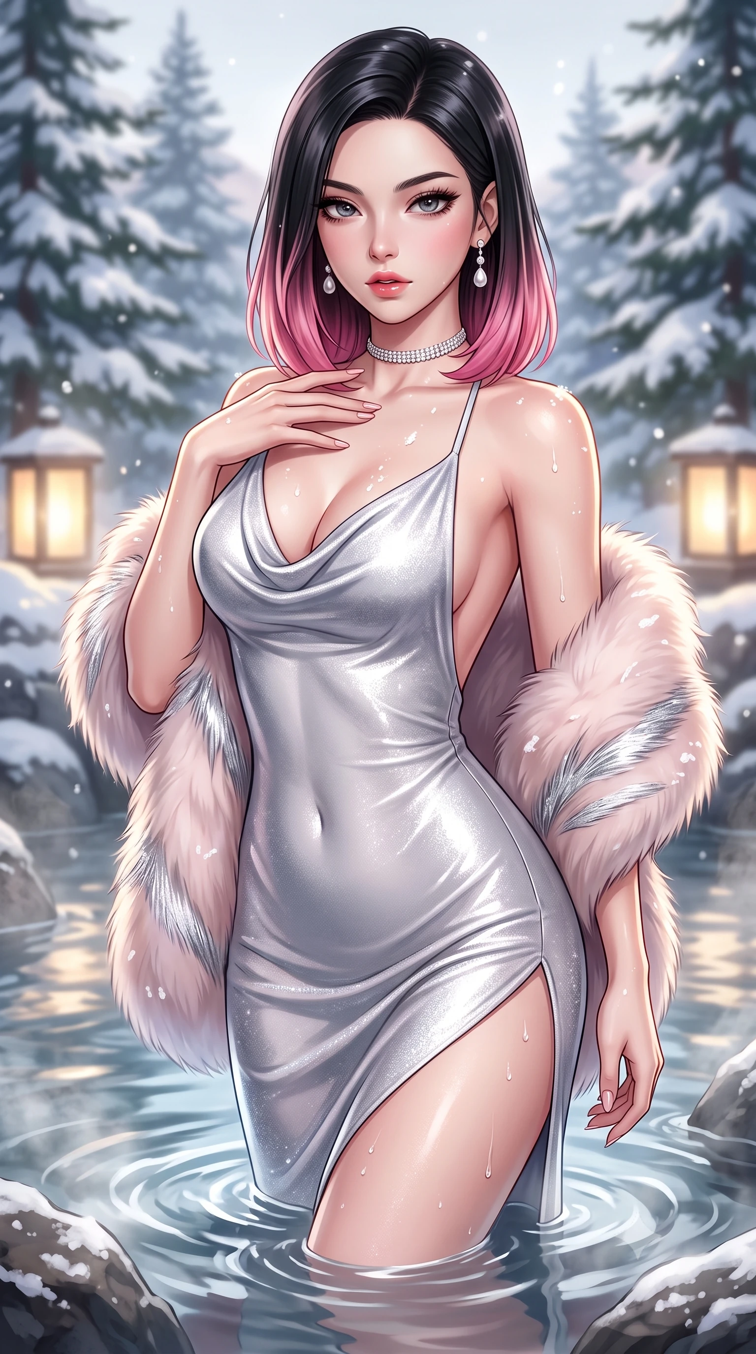 score_9, masterpiece, best quality, ultra-detailed, high-budget anime keyframe, semi-realistic 3D game render, editorial fashion photography, tasteful artistic composition, Korean woman. close-up cowboy shot from the waist and thighs up, the character dominates the composition, filling the frame with her large presence. resting one manicured hand delicately on her bare collarbone, her upper body twisting in a fluid, voluptuous yet slender curve while wading through the steaming thermal mineral pool, arching her spine in pure pleasure as snowflakes melt on her glowing skin. The composition keeps background elements in soft focus with creamy bokeh. snow-covered cedar pines and glowing outdoor lanterns softened in dreamy shallow focus. She has an exceptionally elegant, slender, and willowy female figure with an ultra-slim waist, a gracefully sculpted slender torso, toned flat midriff, and a refined slim silhouette. sharp v-shaped jawline, high-bridge nose, intricate jewel-like eyes with depth, thick eyelashes, glossy parted lips with a natural sheen, intensely captivating and seductive expression, flawlessly proportioned anatomical accuracy, strict slender model proportions, natural body alignment, perfectly sculpted long slender limbs, ultra-slim waistline, clean dynamic posture without body distortion. wearing a crystalline silver lamé cowl-neck gown with a deep back scoop and fur stole draped over her arms in pale blush pink and frosted silver accents, tailored from ultra-sleek thermal stretch neoprene with satin sheen, accessorized with pearl drop earrings and a delicate diamond choker, the form-contouring material adhering flawlessly to her sculpted flat midriff and slender torso, emphasizing her long leg lines and perfectly proportioned willowy build. surrounded by an intimate, tranquil, and deeply sensual mountain onsen muse aura. highly saturated vibrant anime colors, detailed shading with soft gradients, rich glossy textures, high-contrast stereoscopic depth, volumetric dynamic lighting, master piece, 9:16 ratio