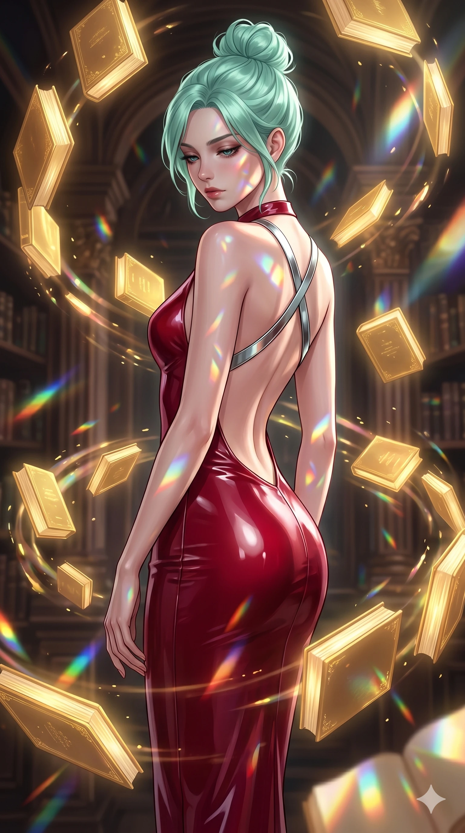 score_9, masterpiece, best quality, ultra-detailed, high-budget anime keyframe, editorial fashion photography, tasteful artistic composition, Japanese woman. cowboy shot from the thighs up, character and outfit filling the frame for maximum editorial presence. Looking down with lowered lashes and a composed, powerful expression amidst a baroque library where glowing golden books orbit in slow spiral patterns. She has an absolutely perfect 8-heads proportion, an exceptionally tall and slender female figure with impossibly long slender legs and an ultra-slim waist. V-shaped jawline, high-bridge nose, intricate jewel-like eyes with depth, thick eyelashes, glossy lips with a natural sheen. wearing a structured deep-cherry-red fashion-latex fitted dress with a clean architectural front and a dramatic open-back design with a single criss-cross strap in chrome across the bare back. lit by mirror-reflected prismatic spotlights creating geometric light patterns that play across her body. 2k, ultra detail, master piece, 9:16 ratio