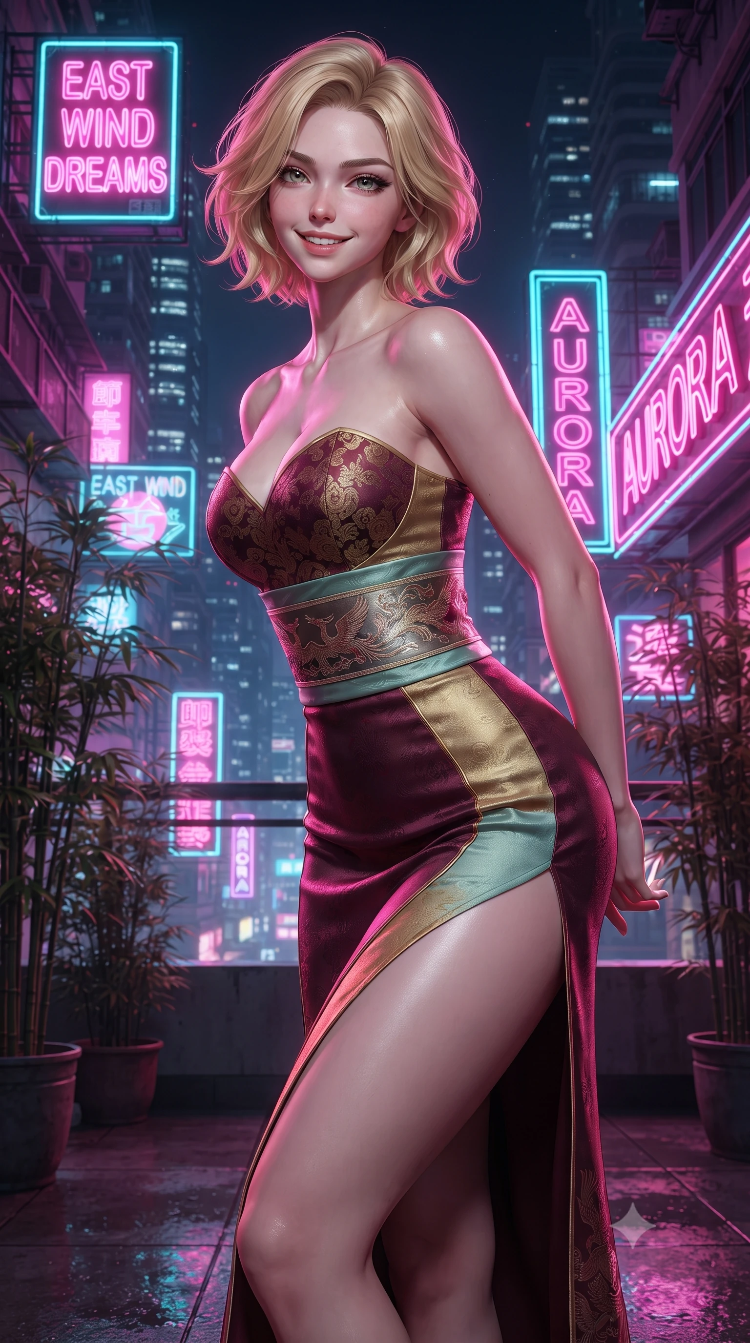 score_9, masterpiece, best quality, ultra-detailed, high-budget anime keyframe, editorial fashion photography, tasteful artistic composition, Caucasian woman. close-up cowboy shot from the waist and thighs up, the character dominates the composition, filling the frame with her large presence. resting both hands lightly behind her back while leaning toward the lens with a cheerful, teasing grin, her form-fitting fusion dress hugging her narrow waist and hip curve while twisting her slender torso in an alluring contrapposto stance among potted bamboo, vertical neon signs painting her curves in electric pink and cyan. The surrounding environment is rendered in vivid detail and crisp panoramic clarity: detailed silk dress drape, neon specular reflections on skin, and dense Asian megacity architecture in high resolution. She has an exceptionally elegant, slender, and willowy female figure with an ultra-slim waist, flat toned midriff, narrow ribcage, and sculpted feminine hips creating an alluring, slim hourglass silhouette without bulk. sharp v-shaped jawline, high-bridge nose, intricate jewel-like dark sparkling almond eyes with depth, thick lashes, glossy parted lips with a natural rose-plum sheen, bright alluring and coquettish smile with bedroom-eyes, exuding both timeless oriental elegance and sovereign high-fashion allure, flawlessly proportioned anatomical accuracy, strict slender model proportions, natural body alignment, perfectly sculpted long slender limbs, ultra-slim waistline, clean dynamic posture without body distortion. wearing a sweetheart-neckline oriental jacquard bustier top paired with a curve-hugging high-slit mermaid maxi skirt in deep wine burgundy and brushed antique gold, tailored from smooth celadon raw silk with natural organic slub texture, finished with a wide metallic obi sash with intricate embroidered phoenix motifs, the precision-cut side hip slits and low-back scoop framing her graceful spine and the sensual sweep of her slim, toned hips. bathed in intense, high-contrast neon magenta and electric turquoise underlights bouncing off wet surfaces. ultra-reflective glossy finish, specular highlights, rich textural contrasts, high-contrast stereoscopic depth, volumetric dynamic lighting, 2k, ultra detail, master piece, 9:16 ratio