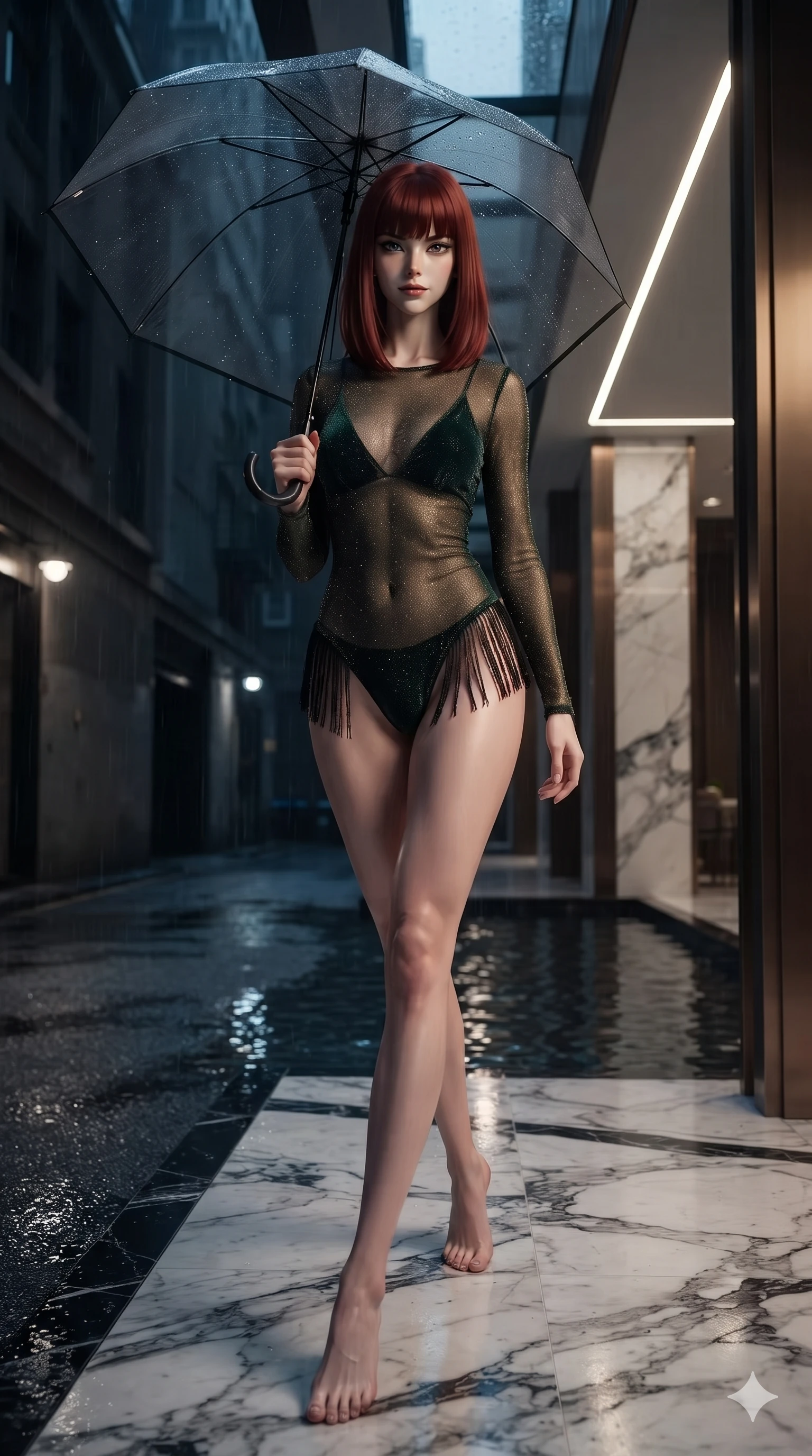 score_9, masterpiece, best quality, ultra-detailed, high-budget anime keyframe, editorial fashion photography, tasteful artistic composition, Caucasian woman. low angle full-body shot from head to toe showing her feet, filling the entire 9:16 vertical frame with her statuesque presence, stretching her vertical silhouette. walking dynamically down the glistening wet asphalt alley beneath a translucent black umbrella, hips swaying gracefully in a captivating supermodel rhythm while walking slowly across the vast marble atrium with sovereign elegance, hips swaying gracefully as her heels click on stone. The surrounding environment is rendered in vivid detail and crisp panoramic clarity: sharp Nero Marquina marble veining, still water reflecting pools, and architectural bronze trim in deep focus. She has an exceptionally tall and slender model-like 8.5-heads proportion, an ultra-slim waist, a flat toned midriff, narrow delicate ribcage, and beautifully sculpted feminine hips creating a graceful, slim hourglass silhouette without any bulky heaviness, with impossibly long slender legs. sharp v-shaped jawline, high-bridge nose, intricate jewel-like dark sparkling eyes with dangerous depth, thick curled eyelashes, glossy parted lips with a rich wine sheen, smoldering seductive half-smile with bedroom-eyes, exuding effortless superiority and intoxicating dark allure, flawlessly proportioned anatomical accuracy, strict slender model proportions, natural body alignment, perfectly sculpted long slender limbs, ultra-slim waistline, clean dynamic posture without body distortion. wearing a delicate semi-translucent wet-look mesh bodysuit clinging sheerly to her sculpted torso and hip curves in deep velvet forest green and antique brass, woven from metallic lurex thread casting subtle starlight glints across the fabric, finished with delicate jet-black micro-fringe fluttering softly along her hips with each step, the liquid-tight tailored fabric clinging flawlessly to her narrow waist and rounded feminine hips, emphasizing every millimeter of her sculpted slim hourglass curves without any bulky heaviness. bathed in subtle, high-contrast recessed linear LED lighting and skylight nocturnal glow. ultra-reflective glossy finish, specular highlights, rich textural contrasts, high-contrast stereoscopic depth, volumetric dynamic lighting, 2k, ultra detail, master piece, 9:16 ratio