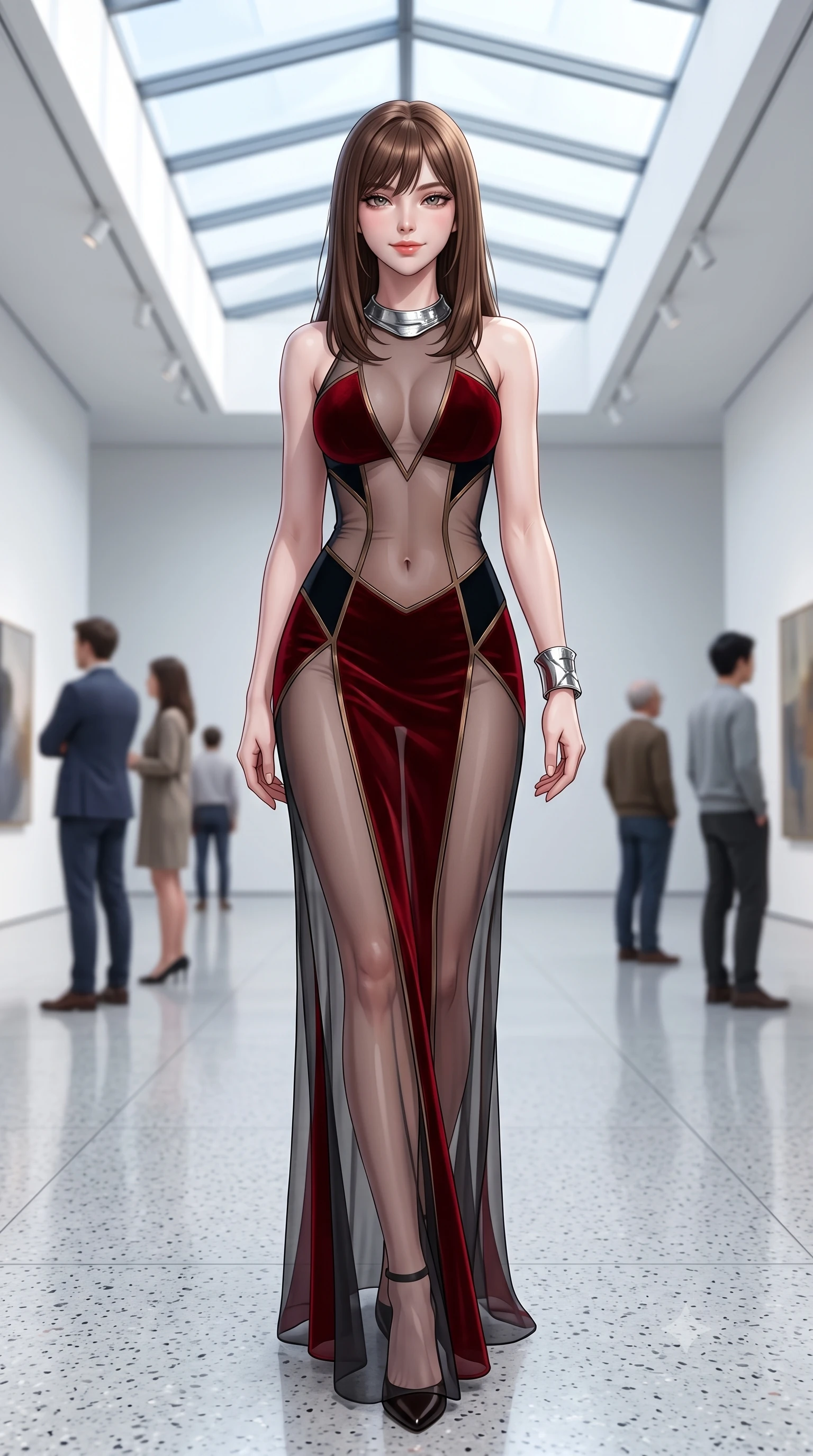 score_9, masterpiece, best quality, ultra-detailed, high-budget anime keyframe, semi-realistic 3D game render, editorial fashion photography, tasteful artistic composition, Korean woman. low angle full-body shot from head to toe showing her feet, filling the entire 9:16 vertical frame with her statuesque presence, stretching her vertical silhouette. reclining gracefully across the plush chaise lounge with one leg extended, her sculpted silhouette and flat midriff radiating magnetic nocturnal glamour while walking slowly down the polished terrazzo floor, hips swaying in an alluring rhythm that commands the pristine minimalist space. The background shows a soft-focus modern art visitors softened in ultra-minimalist museum shallow focus. She has an absolutely perfect, statuesque 8.5-heads proportion, an exceptionally tall and slender model-like female figure with impossibly long slender legs, an ultra-slim waist, a flat toned midriff, narrow delicate ribcage, and beautifully sculpted feminine hips creating a graceful, slim hourglass silhouette without any bulky heaviness. sharp v-shaped jawline, high-bridge nose, sparkling eyes with hypnotic seductive depth, thick curled eyelashes, glossy parted lips with a natural dewy peach sheen, alluring bedroom-eyes with an enchanting coquettish smile, exuding magnetic siren charisma and sophisticated glamour, flawlessly proportioned anatomical accuracy, strict slender model proportions, natural body alignment, perfectly sculpted long slender limbs, ultra-slim waistline, clean dynamic posture without body distortion. wearing a provocative sheer illusion mesh column gown with opaque geometric panels strategically hugging her curves in deep blood-red velvet and midnight obsidian black with antique bronze trims, made of sheer gossamer chiffon that drapes softly against skin with airy translucence, finished with a sculptural silver torque collar and a matching wide architectural wrist cuff, the second-skin tailored fabric adhering flawlessly to her sculpted flat midriff and slender torso, emphasizing her long leg lines and perfectly proportioned willowy build. bathed in intense crisp neutral 5500K daylight flooding directly down from the overhead glass skylight. highly saturated vibrant anime colors, detailed shading with soft gradients, rich glossy textures, high-contrast stereoscopic depth, volumetric dynamic lighting, master piece, 9:16 ratio