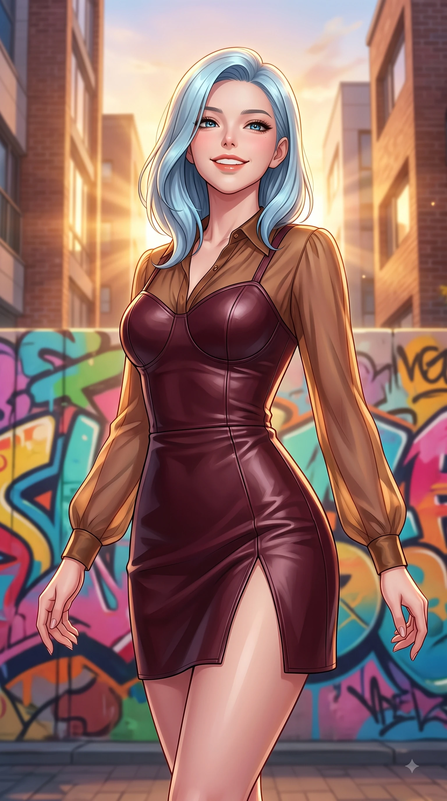 score_9, masterpiece, best quality, ultra-detailed, high-budget anime keyframe, editorial fashion photography, tasteful artistic composition, Korean woman. close-up cowboy shot from the waist and thighs up, the character dominates the composition, filling the frame with her large presence, background elements kept in soft focus. Tilting her chin up with a sweet beaming smile of pure delight while balancing dynamically amidst the scene while poised gracefully in front of a colorful graffiti wall on Hongdae fashion street at golden hour, warm golden hour sunbursts filtering between modern brick buildings. She has an exceptionally elegant, slender, and willowy female figure with an ultra-slim waist, a gracefully sculpted slender torso, and a refined silhouette. sharp v-shaped jawline, high-bridge nose, intricate jewel-like eyes with depth, thick eyelashes, glossy lips with a natural sheen, flawlessly proportioned anatomical accuracy, natural body alignment, perfectly sculpted elegant limbs, clean dynamic posture without body distortion. wearing a tailored leather bustier over a sheer silk chiffon blouse in deep burgundy and bronze, crafted from lustrous satin jersey with fluid draping, finished with a sleek side slit ascending to mid-thigh, the form-contouring material highlighting her ultra-slim waist and long lines. bathed in bright golden hour sunshine and warm urban ambient illumination. highly saturated vibrant anime colors, detailed shading with soft gradients, rich glossy textures, high-contrast stereoscopic depth, volumetric dynamic lighting, master piece, 9:16 ratio