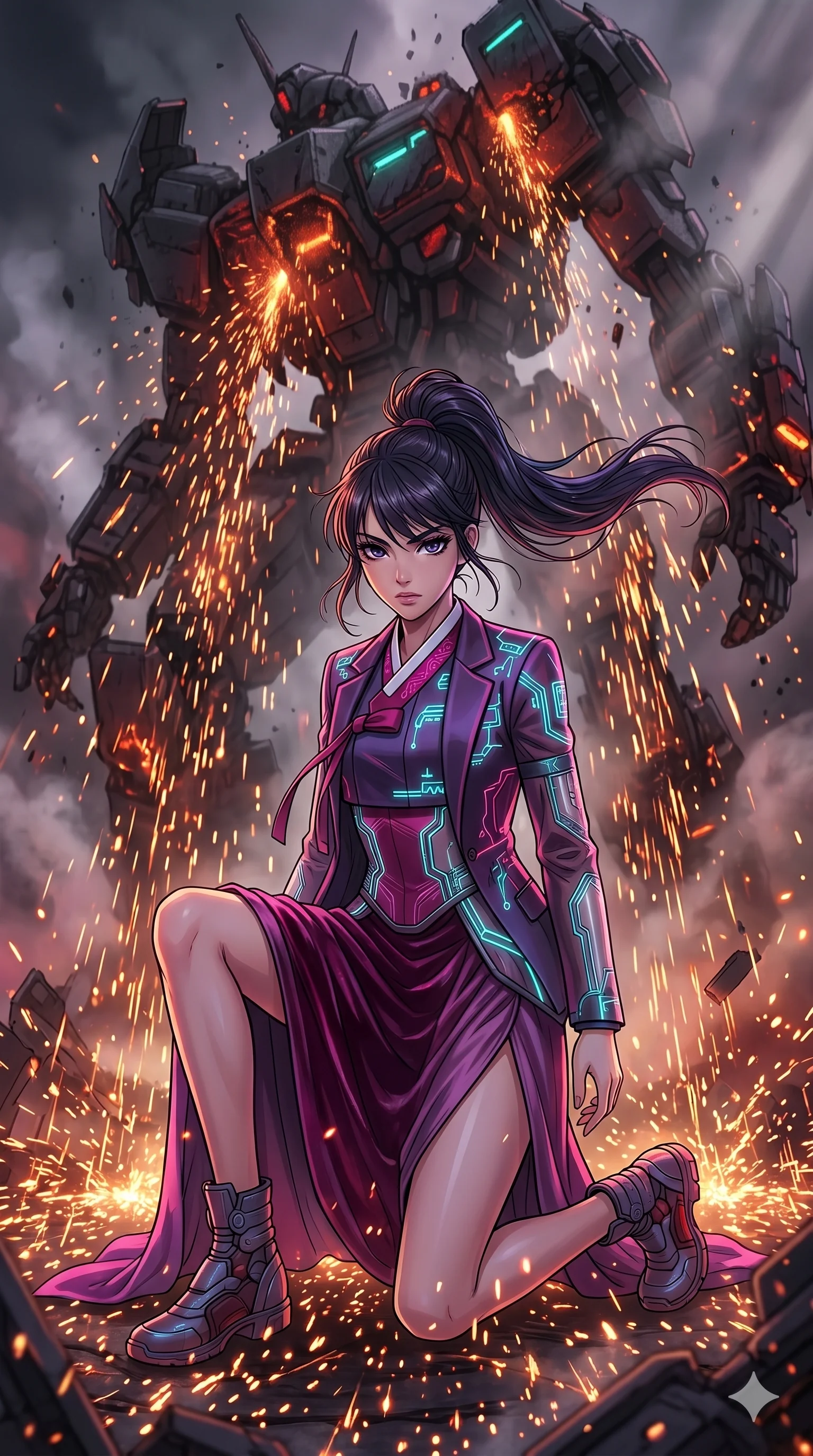 score_9, masterpiece, best quality, ultra-detailed, high-budget anime movie keyframe, cinematic anime lighting, intricate line art, Japanese woman. Low angle medium shot capturing a powerful motion and statuesque presence. kneeling in a rain of sparks as a giant robot collapses behind her. She has an elegant and graceful female figure with elegant silhouette. sharp v-shaped jawline, high-bridge nose, intricate jewel-like eyes, thick eyelashes, soft lips. Wearing High-Fashion Editorial: Silk slip dress with elegant side slit, elegant velvet gown, and structured blazer over a coordinated top. The scene is illuminated by dramatic atmospheric lighting and vibrant color palettes. , 2k, ultra detail, master piece, 9:16 ratio