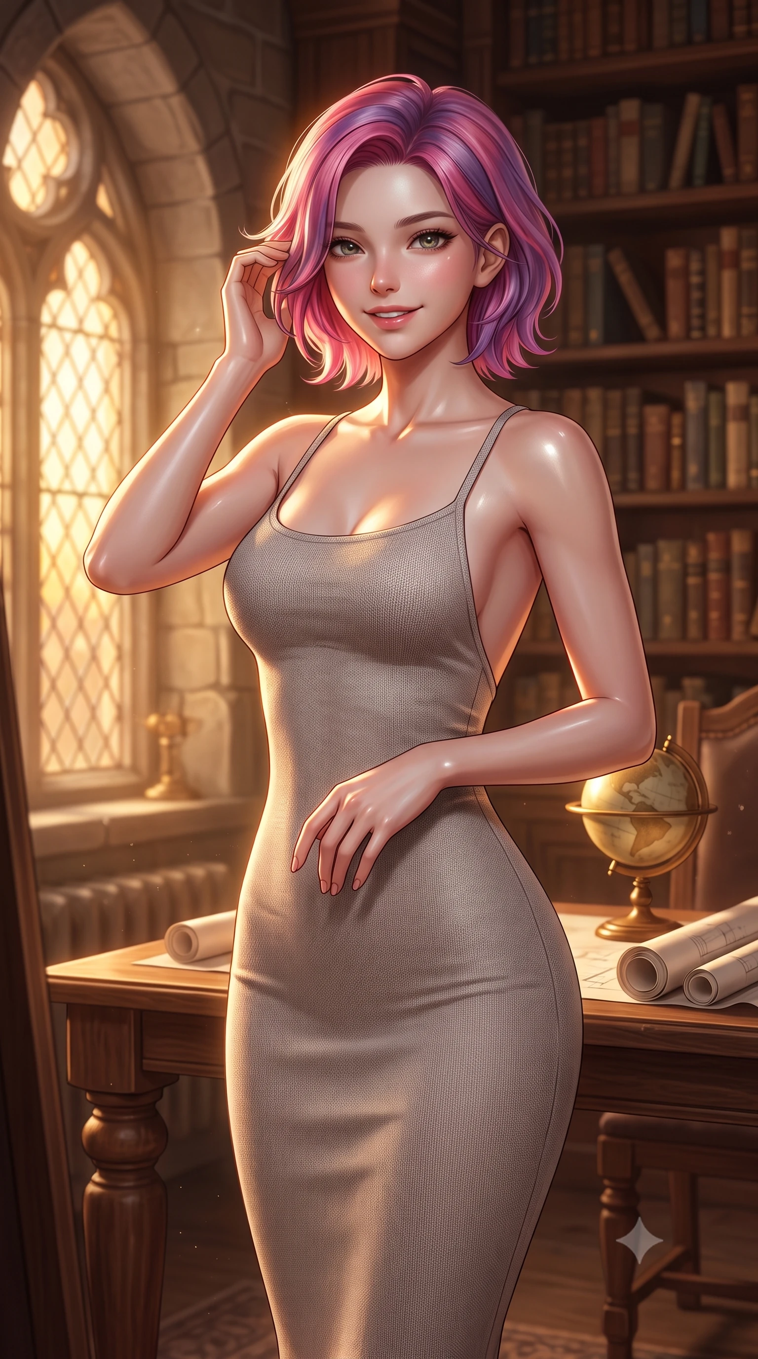 score_9, masterpiece, best quality, ultra-detailed, high-budget anime keyframe, editorial fashion photography, tasteful artistic composition, Caucasian woman. close-up cowboy shot from the waist and thighs up, the character dominates the composition, filling the frame with her large presence, background elements kept in soft focus. smiling cutely while gently brushing a strand of hair behind her ear set against a soft-focus background of inside a historic municipal library room with arched stone windows with a small desk globe and paper rolls arranged on the study table. She has an exceptionally elegant, slender, and willowy female figure with an ultra-slim waist, a gracefully sculpted slender torso, and a refined silhouette. sharp v-shaped jawline, high-bridge nose, intricate jewel-like eyes with depth, thick eyelashes, glossy lips with a natural sheen. wearing body-hugging body-hugging knit midi dress with a tasteful open-back design and thin straps. cozy golden hour sunset light illuminating the dusty bookshelves with a warm glow. ultra-reflective glossy finish, specular highlights, metallic sheen, high-contrast stereoscopic depth, volumetric dynamic lighting, 2k, ultra detail, master piece, 9:16 ratio