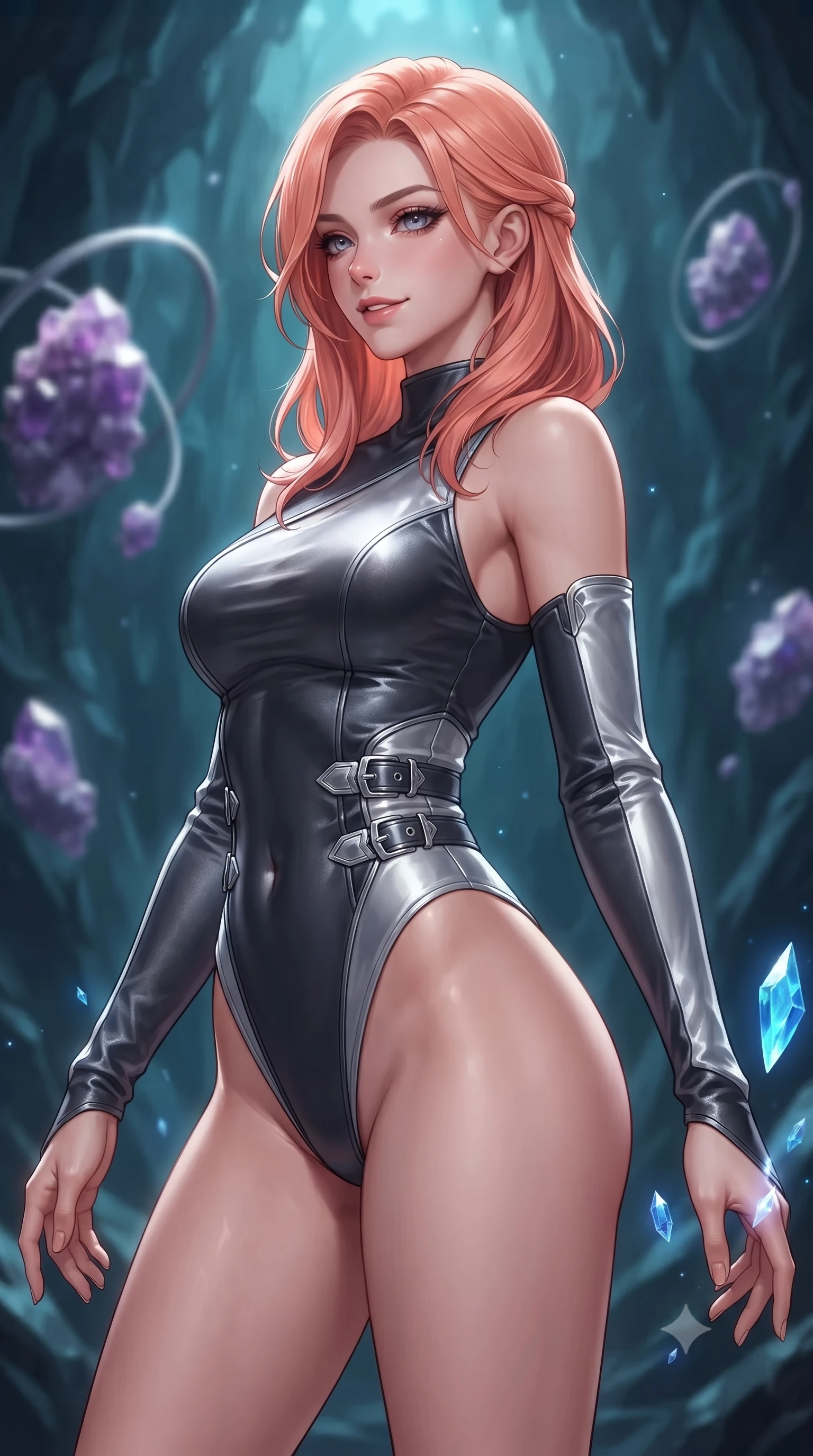 score_9, masterpiece, best quality, ultra-detailed, high-budget anime keyframe, editorial fashion photography, tasteful artistic composition, Japanese woman. close-up cowboy shot from the waist and thighs up, the character dominates the composition, filling the frame with her large presence, background elements kept in soft focus. Glancing sidelong over her shoulder with a smoldering half-smile and heavy lashes guiding floating sapphire light crystals inside a deep mineral sanctuary, floating amethyst clusters drifting in smooth circular orbits. She has an exceptionally elegant, slender, and willowy female figure with an ultra-slim waist, a gracefully sculpted slender torso, and a refined silhouette. sharp v-shaped jawline, high-bridge nose, intricate jewel-like eyes with depth, thick eyelashes, glossy lips with a natural sheen. wearing an asymmetrical high-cut tech-bodysuit with detached sleeves in charcoal grey and platinum, made of premium stretch velvet with a rich sheen, detailed with polished silver buckles along the waistline, the tailored fabric tightly following every curve of her athletic build. surrounded by a cool jewel-toned luminescence with bright specular rim lights. ultra-reflective glossy finish, specular highlights, metallic sheen, high-contrast stereoscopic depth, volumetric dynamic lighting, 2k, ultra detail, master piece, 9:16 ratio