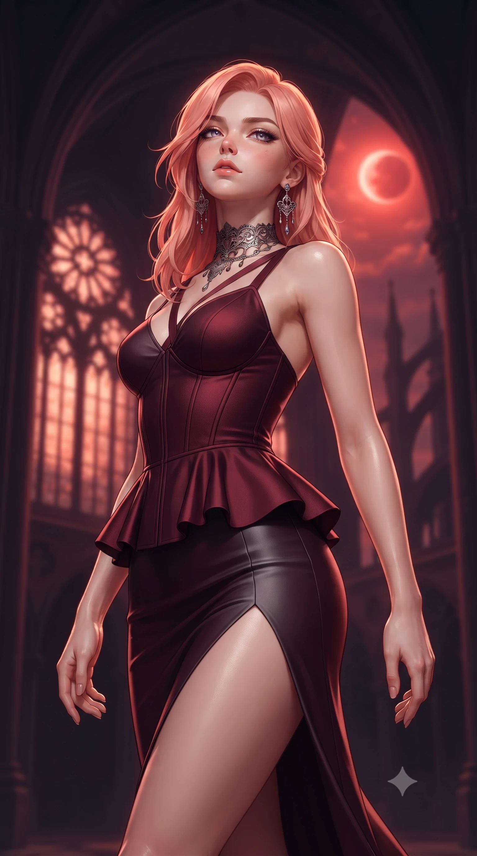 score_9, masterpiece, best quality, ultra-detailed, high-budget anime keyframe, editorial fashion photography, tasteful artistic composition, Japanese woman. close-up cowboy shot from the waist and thighs up, the character dominates the composition, filling the frame with her large presence. tilting her chin up with proud, sovereign allure while gazing through thick eyelashes with an irresistible, dangerous bedroom-gaze while pivoting dynamically beneath colossal gothic cathedral arches as a total lunar eclipse casts blood-crimson shadows. The composition keeps background elements in soft focus with creamy bokeh. colossal gothic rose windows and distant flying buttresses blurred into blood-orange, violet, and obsidian bokeh. She has an exceptionally elegant, slender, and willowy female figure with an ultra-slim waist, a gracefully sculpted slender torso, toned flat midriff, and a refined slim silhouette. sharp v-shaped jawline, high-bridge nose, intricate jewel-like eyes with depth, thick eyelashes, glossy parted lips with a natural sheen, intensely captivating and seductive expression, flawlessly proportioned anatomical accuracy, strict slender model proportions, natural body alignment, perfectly sculpted long slender limbs, ultra-slim waistline, clean dynamic posture without body distortion. wearing an architectural peplum corset dress with crossed back straps and a high side slit in deep garnet and brushed dark platinum, tailored from liquid silk jersey adhering flawlessly to her slender build, finished with a dramatic filigree Victorian choker and chandelier earrings, the form-contouring material adhering flawlessly to her sculpted flat midriff and slender torso, emphasizing her long leg lines and perfectly proportioned willowy build. illuminated by crisp specular highlights defining her sculpted jawline, bare spine, and long limbs. ultra-reflective glossy finish, specular highlights, rich textural contrasts, high-contrast stereoscopic depth, volumetric dynamic lighting, 2k, ultra detail, master piece, 9:16 ratio