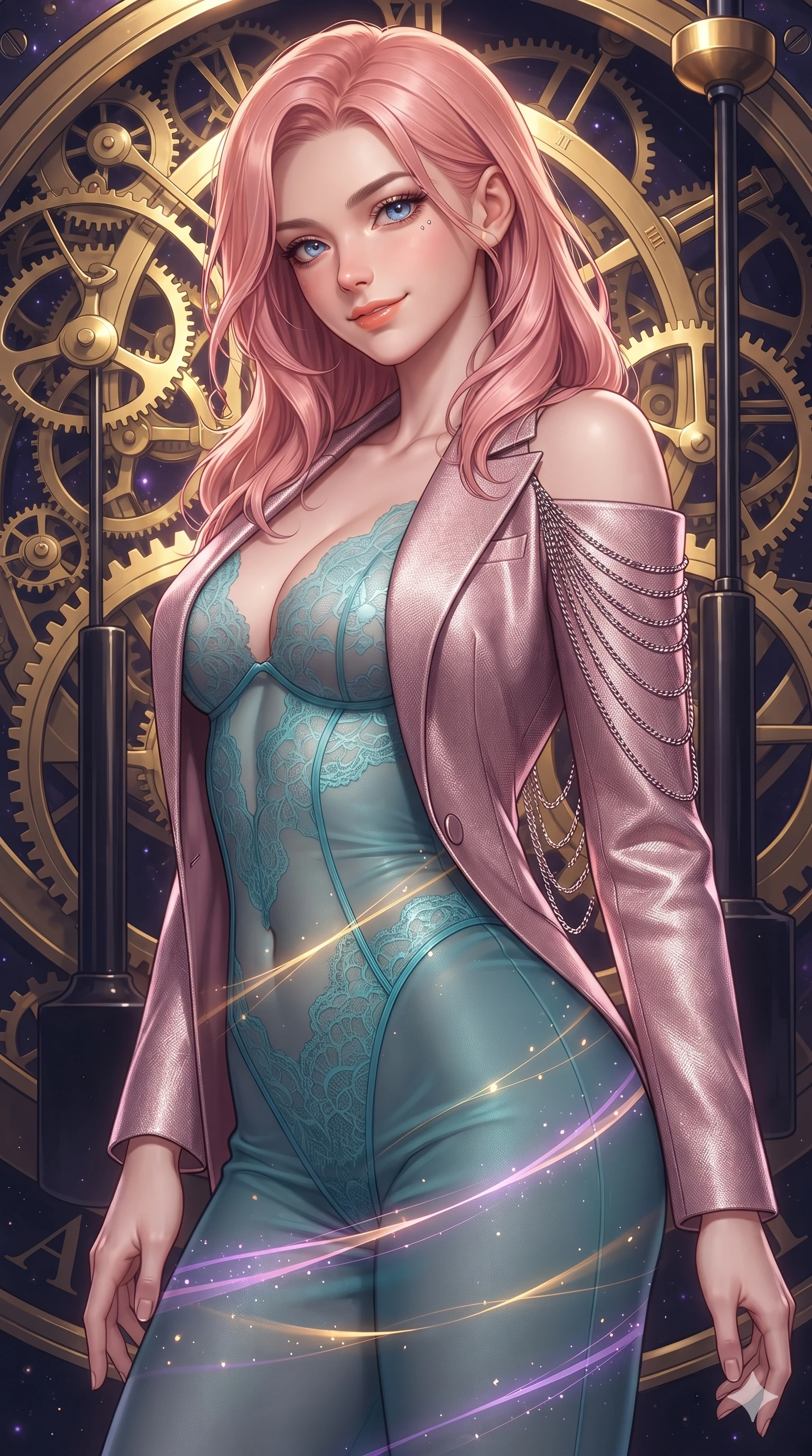 score_9, masterpiece, best quality, ultra-detailed, high-budget anime keyframe, editorial fashion photography, tasteful artistic composition, Japanese woman. close-up cowboy shot from the waist and thighs up, the character dominates the composition, filling the frame with her large presence. tilting her head with a teasing half-smile, running one hand slowly down the side of her hip in a flirtatious S-curve as ambient light caresses her silhouette while twisting her slender torso in an alluring contrapposto stance, golden brass gear reflections and purple starlight painting fluid light ribbons across her narrow waist and hips. The surrounding environment is rendered in vivid detail and crisp panoramic clarity: sharp polished brass gear teeth, engraved astronomical gear ratios, and heavy obsidian pendulum rods in deep focus. She has an exceptionally elegant, slender, and willowy female figure with an ultra-slim waist, flat toned midriff, narrow ribcage, and sculpted feminine hips creating an alluring, slim hourglass silhouette without bulk. sharp v-shaped jawline, high-bridge nose, intricate jewel-like sparkling eyes with depth, thick eyelashes, glossy parted lips with a natural peach sheen, bright cheerful beaming smile with an enchanting and coquettish sensual glint, exuding both youthful cute charm and seductive allure, flawlessly proportioned anatomical accuracy, strict slender model proportions, natural body alignment, perfectly sculpted long slender limbs, ultra-slim waistline, clean dynamic posture without body distortion. wearing a delicate sheer French Chantilly lace teddy layered under an open tailored metallic blazer draped over bare shoulders in subterranean lagoon turquoise and lotus blossom pink, tailored from high-density tech-wool with subtle metallic thread weave, accented with an open-back drape framed by falling strands of delicate chrome chains, the liquid-tight tailored fabric clinging flawlessly to her narrow waist and rounded feminine hips, emphasizing every millimeter of her sculpted slim hourglass curves without any bulky heaviness. illuminated by gear train reflection bounce and sharp gold-violet rim lights sculpting her razor-sharp jawline, narrow waist, and curvy hips. ultra-reflective glossy finish, specular highlights, rich textural contrasts, high-contrast stereoscopic depth, volumetric dynamic lighting, 2k, ultra detail, master piece, 9:16 ratio