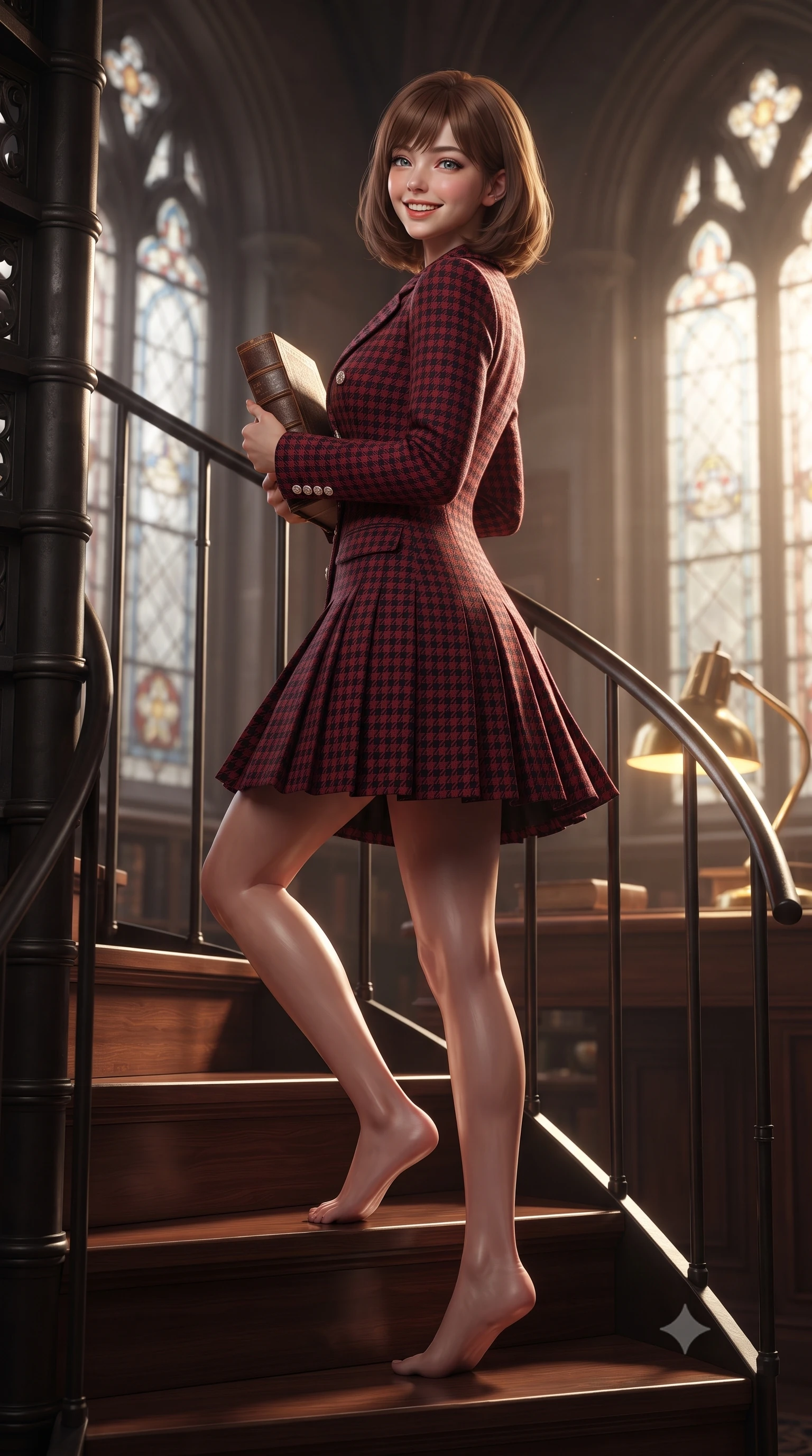 score_9, masterpiece, best quality, ultra-detailed, high-budget anime keyframe, editorial fashion photography, tasteful artistic composition, Caucasian woman. low angle full-body shot from head to toe showing her feet, filling the entire 9:16 vertical frame with her statuesque presence, stretching her vertical silhouette. executing an elegant pivot turn as the hem of her pleated wool skirt sways rhythmically, glancing back with joyful radiance while leaning poised against the spiral iron library stairs, holding an antique volume to her chest with refined scholar charm. The background shows a soft-focus tall leaded stained glass windows softened in contemplative academic grandeur shallow focus. She has an exceptionally tall and slender model-like 8.5-heads proportion, an ultra-slim waist, a flat toned midriff, narrow delicate ribcage, and beautifully sculpted feminine hips creating a graceful, slim hourglass silhouette without any bulky heaviness, with impossibly long slender legs. sharp v-shaped jawline, high-bridge nose, intricate jewel-like sparkling eyes with depth, thick eyelashes, glossy parted lips with a natural peach sheen, bright cheerful beaming smile with an enchanting and coquettish sensual glint, exuding both youthful cute charm and seductive allure, flawlessly proportioned anatomical accuracy, strict slender model proportions, natural body alignment, perfectly sculpted long slender limbs, ultra-slim waistline, clean dynamic posture without body distortion. wearing a structured double-breasted tweed dress with notched lapels, long sleeves, and decorative mother-of-pearl buttons in Kyoto autumn maple crimson and deep ink black, tailored from fine wool gabardine with crisp permanent pleats and sharp drape, featuring delicate tonal horn buttons and meticulous hand-stitched pick-lapel borders, the bespoke architectural tailoring hugging her natural waistline with sartorial precision, creating a clean graceful hourglass silhouette with tall model elegance. bathed in luminous golden afternoon sunlight slanting through tall gothic lancet windows mixed with warm brass desk lamp glows. ultra-reflective glossy finish, specular highlights, rich textural contrasts, high-contrast stereoscopic depth, volumetric dynamic lighting, 2k, ultra detail, master piece, 9:16 ratio