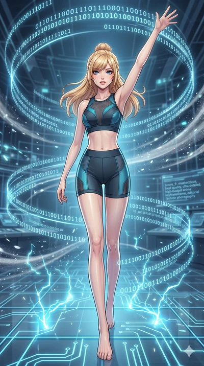 score_9, masterpiece, best quality, ultra-detailed, high-budget anime keyframe, editorial fashion photography, tasteful artistic composition, Caucasian woman, strictly human ears. low angle full-body shot from head to toe showing her feet, filling th
