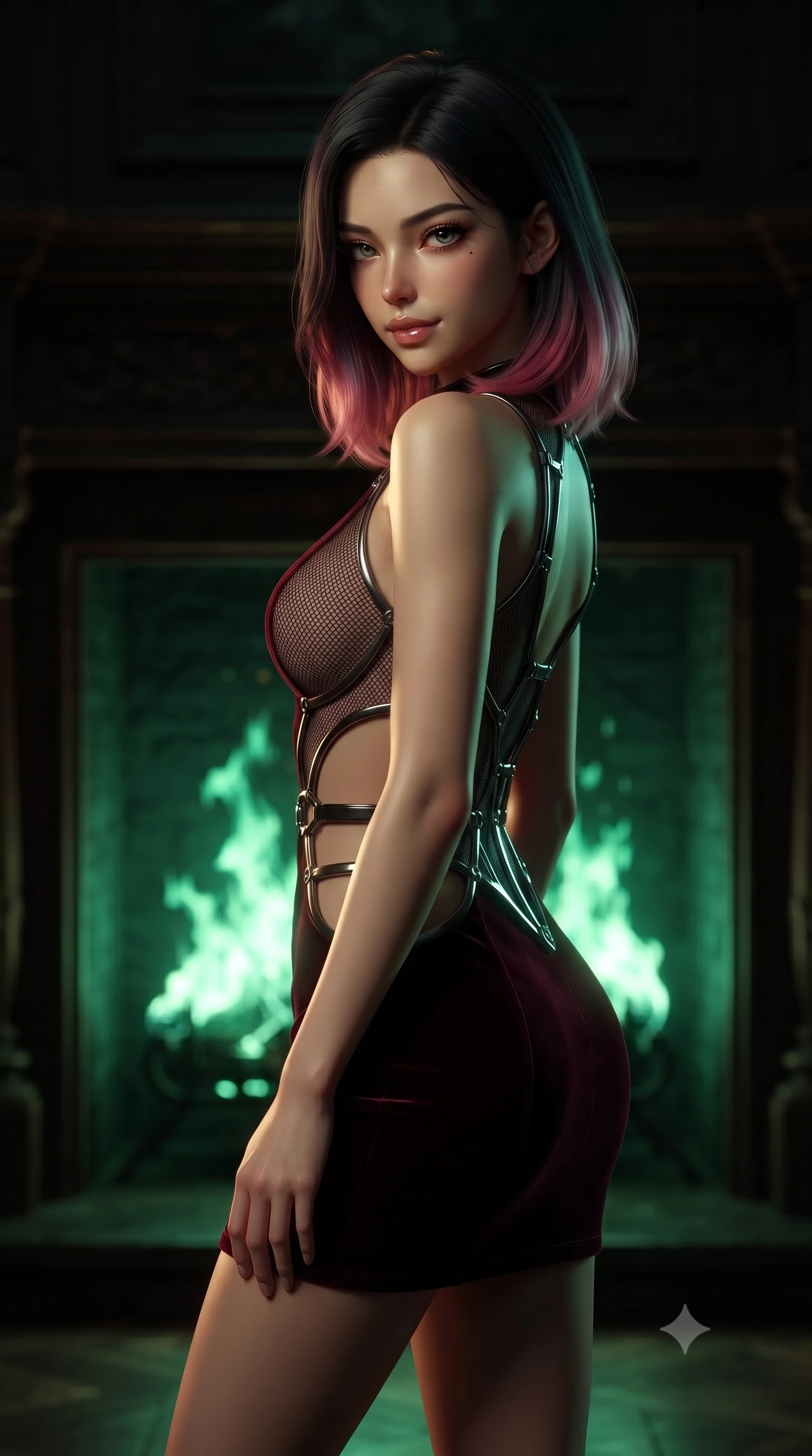 score_9, masterpiece, best quality, ultra-detailed, high-budget anime keyframe, editorial fashion photography, tasteful artistic composition, Korean woman. close-up cowboy shot from the waist and thighs up, the character dominates the composition, filling the frame with her large presence, background elements kept in soft focus. Glancing sidelong over her shoulder with a smoldering, enigmatic half-smile, standing before a massive dark mahogany fireplace with roaring green flames, dramatic theatrical shadows swallowing the colossal architectural background. She has an exceptionally elegant, slender, and willowy female figure with an ultra-slim waist, a gracefully sculpted slender torso, and a refined silhouette. sharp v-shaped jawline, high-bridge nose, intricate jewel-like eyes with depth, thick eyelashes, glossy lips with a natural sheen. wearing dramatic open-waist cutout mini dress in dark velvet framed by chrome hardware in deep crimson burgundy, made of fine dark contouring mesh, highlighted by a gunmetal metallic harness structure, sculpting her athletic slender build with refined precision. bathed in warm gold and cool green firelight contrast against black shadows. ultra-reflective glossy finish, specular highlights, metallic sheen, high-contrast stereoscopic depth, volumetric dynamic lighting, 2k, ultra detail, master piece, 9:16 ratio
