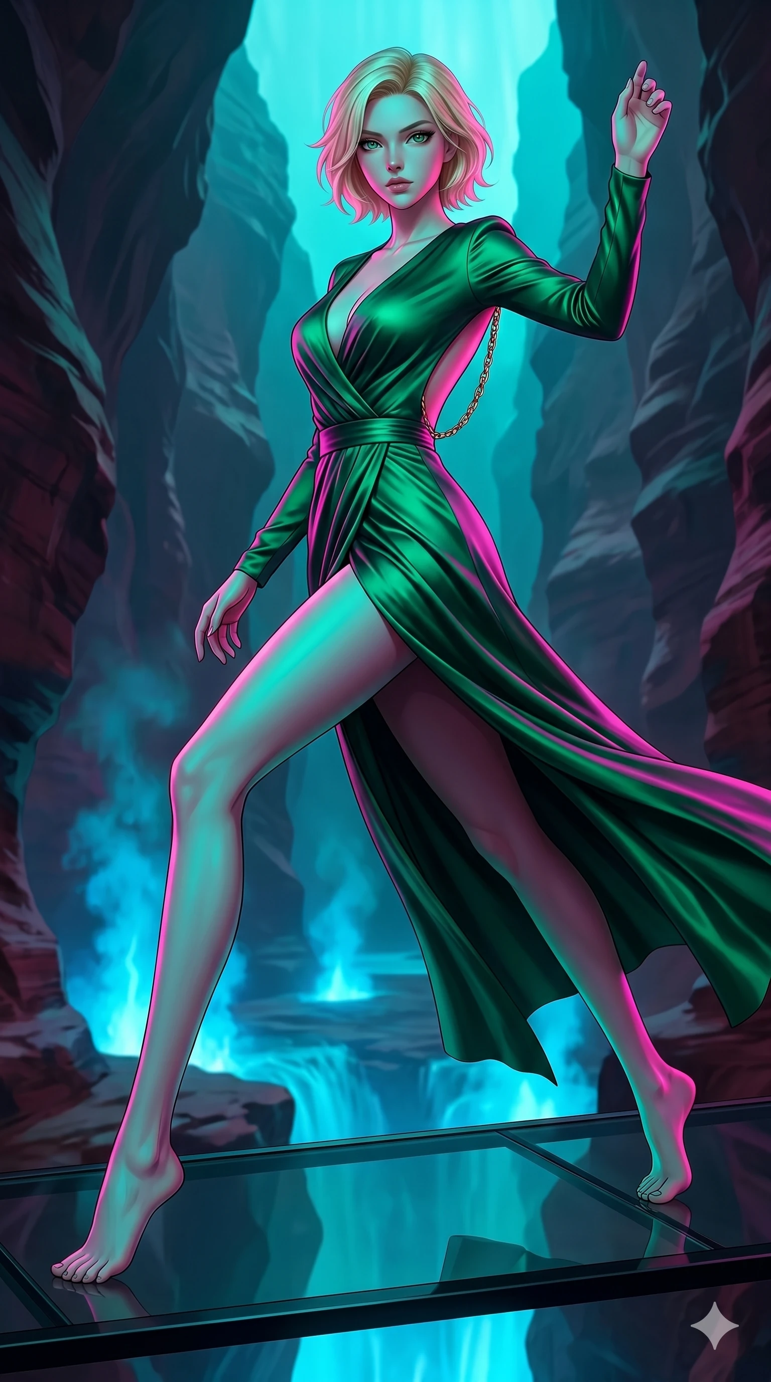 score_9, masterpiece, best quality, ultra-detailed, high-budget anime keyframe, editorial fashion photography, tasteful artistic composition, Caucasian woman, strictly human ears. low angle full-body shot from head to toe showing her feet, filling the entire 9:16 vertical frame with her statuesque presence, stretching her vertical silhouette. Lunging dynamically forward with one arm raised on a platform of dark glass suspended above a canyon of glowing blue thermal vents. She has an absolutely perfect 8-heads proportion, an exceptionally tall and slender female figure with impossibly long slender legs and an ultra-slim waist. V-shaped jawline, high-bridge nose, intricate jewel-like eyes with depth, thick eyelashes, glossy lips with a natural sheen. wearing an emerald green silk wrap gown with a deep V-neck, long sleeves, and a low open-back design held by a single gold chain. under intense neon teal and magenta split-lighting creating vivid chromatic contrast on her figure. 2k, ultra detail, master piece, 9:16 ratio