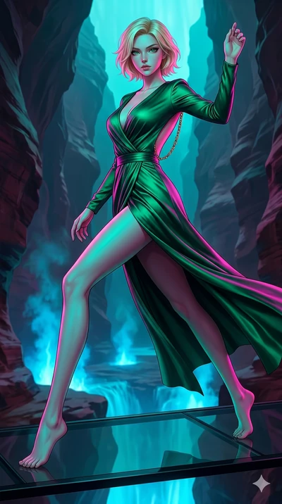 score_9, masterpiece, best quality, ultra-detailed, high-budget anime keyframe, editorial fashion photography, tasteful artistic composition, Caucasian woman, strictly human ears. low angle full-body shot from head to toe showing her feet, filling th