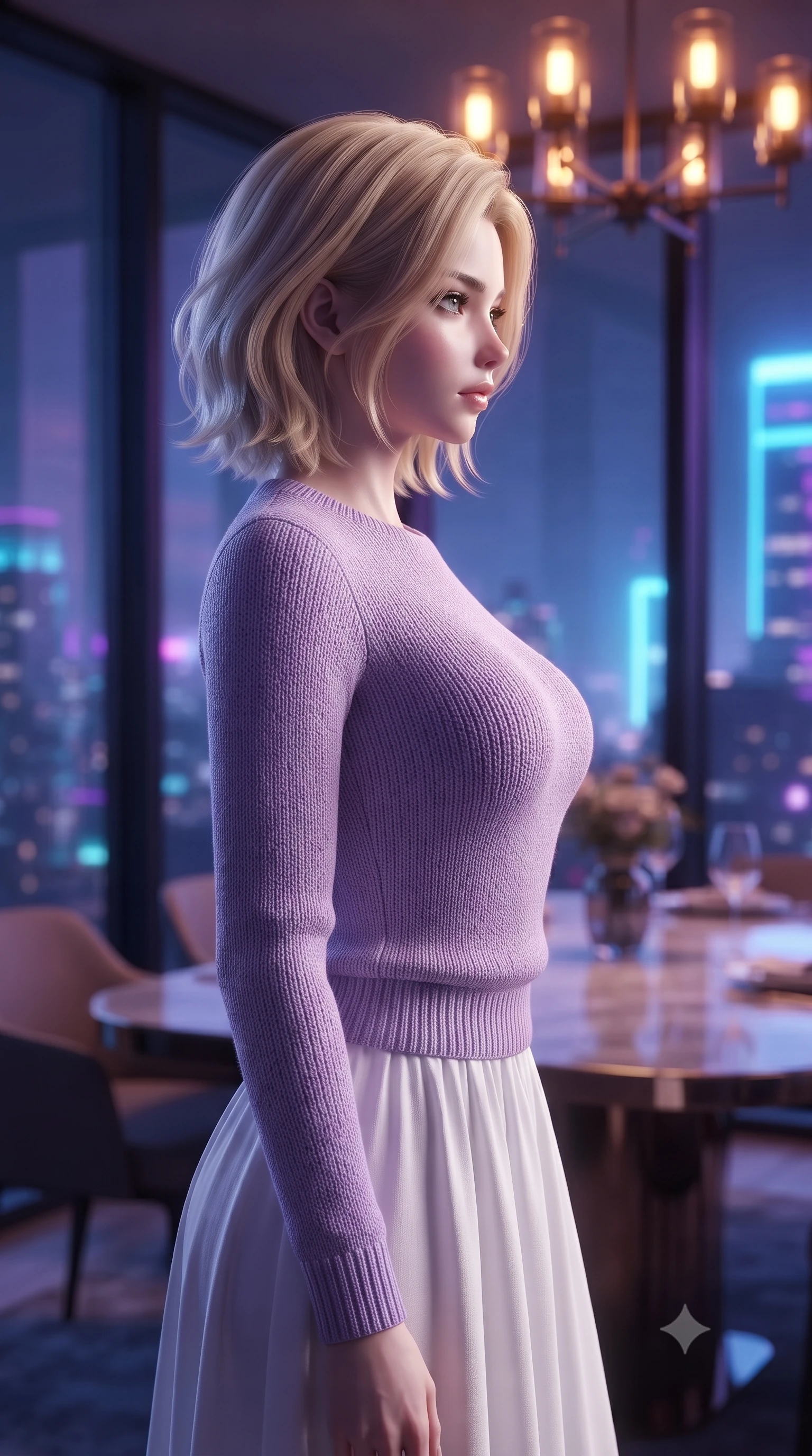 score_9, masterpiece, best quality, ultra-detailed, high-budget anime keyframe, editorial fashion photography, tasteful artistic composition, Caucasian woman. close-up cowboy shot from the waist and thighs up, the character dominates the composition, filling the frame with her large presence, background elements kept in soft focus. turning her face in sharp profile, casting a cold, mysterious, yet intensely alluring side gaze, the background shows a soft-focus an intimate dining nook in a high-rise loft facing floor-to-ceiling glass windows. She has an exceptionally elegant, slender, and willowy female figure with an ultra-slim waist, a gracefully sculpted slender torso, and a refined silhouette. sharp v-shaped jawline, high-bridge nose, intricate jewel-like eyes with depth, thick eyelashes, glossy lips with a natural sheen. wearing a tailored comfortable lavender knit sweater paired with a flowy white cotton maxi skirt. warm amber lights from the chandelier contrasting with the neon blue city glow outside. ultra-reflective glossy finish, specular highlights, metallic sheen, high-contrast stereoscopic depth, volumetric dynamic lighting, 2k, ultra detail, master piece, 9:16 ratio
