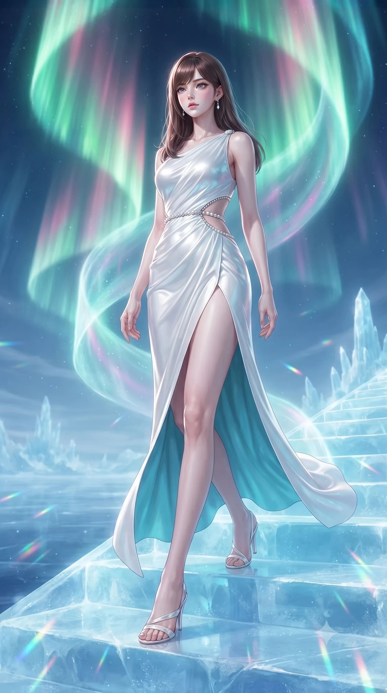 score_9, masterpiece, best quality, ultra-detailed, high-budget anime keyframe, editorial fashion photography, tasteful artistic composition, Korean woman. low angle full-body shot from head to toe showing her feet, filling the entire 9:16 vertical frame with her statuesque presence, stretching her vertical silhouette. navigating the celestial sanctuary with an effortless, graceful stride, ascending a translucent ice staircase beneath a swirling curtain of green and pink aurora rays, shifting aurora colors wrapping around her statuesque vertical silhouette. She has an absolutely perfect, statuesque 8.5-heads proportion, an exceptionally tall and slender model-like female figure with impossibly long slender legs and an ultra-slim waist. sharp v-shaped jawline, high-bridge nose, intricate jewel-like eyes with depth, thick eyelashes, glossy lips with a natural sheen. wearing draped white silk gown featuring graceful waist cutouts and thigh slit in sky blue turquoise, made of high-gloss liquid pearl vinyl, adorned with minimalist pearl hardware framing the waistline, highlighting her statuesque proportions and ultra-slim waistline. surrounded by a radiant glacial aura with sharp rainbow specular highlights. ultra-reflective glossy finish, specular highlights, metallic sheen, high-contrast stereoscopic depth, volumetric dynamic lighting, 2k, ultra detail, master piece, 9:16 ratio