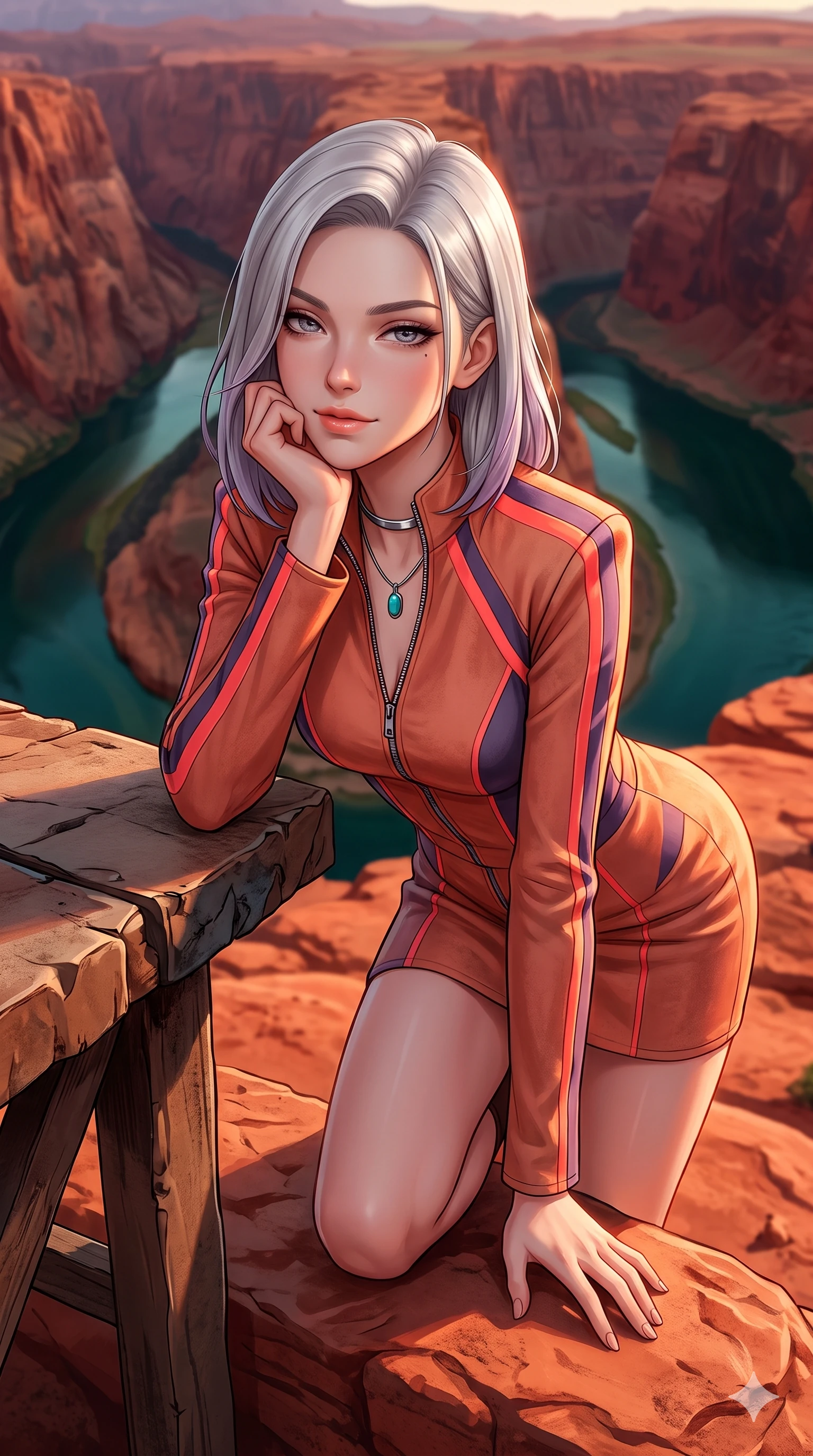 score_9, masterpiece, best quality, ultra-detailed, high-budget anime keyframe, semi-realistic 3D game render, editorial fashion photography, tasteful artistic composition, Caucasian woman. close-up cowboy shot from the waist and thighs up, the character dominates the composition, filling the frame with her large presence. resting one elbow on the workbench and supporting her chin, leaning close to the camera with heavy-lidded sparkling eyes and parted lips while kneeling gracefully on the warm red sandstone outcrop, one hand resting on the stone while gazing down into the emerald canyon waters with alluring bedroom-eyes. The surrounding environment is rendered in vivid detail and crisp panoramic clarity: detailed high-slit wrap cheongsam tailoring, jeweled clasp closures, and monumental canyon precipice in razor-sharp clarity. She has an exceptionally elegant, slender, and willowy female figure with an ultra-slim waist, flat toned midriff, narrow ribcage, and sculpted feminine hips creating an alluring, slim hourglass silhouette without bulk. sharp v-shaped jawline, high-bridge nose, sparkling eyes with hypnotic seductive depth, thick curled eyelashes, glossy parted lips with a natural dewy peach sheen, alluring bedroom-eyes with an enchanting coquettish smile, exuding magnetic siren charisma and sophisticated glamour, flawlessly proportioned anatomical accuracy, strict slender model proportions, natural body alignment, perfectly sculpted long slender limbs, ultra-slim waistline, clean dynamic posture without body distortion. wearing a sleek high-collar zip-up biker jacket dress with structured shoulders and racing stripe accents in blazing neon coral and desert twilight violet, crafted from supple double-faced desert suede with an exceptionally soft matte finish, finished with a minimalist chrome choker and a single turquoise stone pendant, the bespoke structured tailoring following the natural line of her 8.5-heads silhouette with refined elegance. illuminated by red rock canyon bounce and sharp emerald-terracotta rim lights sculpting her razor-sharp jawline, narrow waist, and curvy hips. highly saturated vibrant anime colors, detailed shading with soft gradients, rich glossy textures, high-contrast stereoscopic depth, volumetric dynamic lighting, master piece, 9:16 ratio