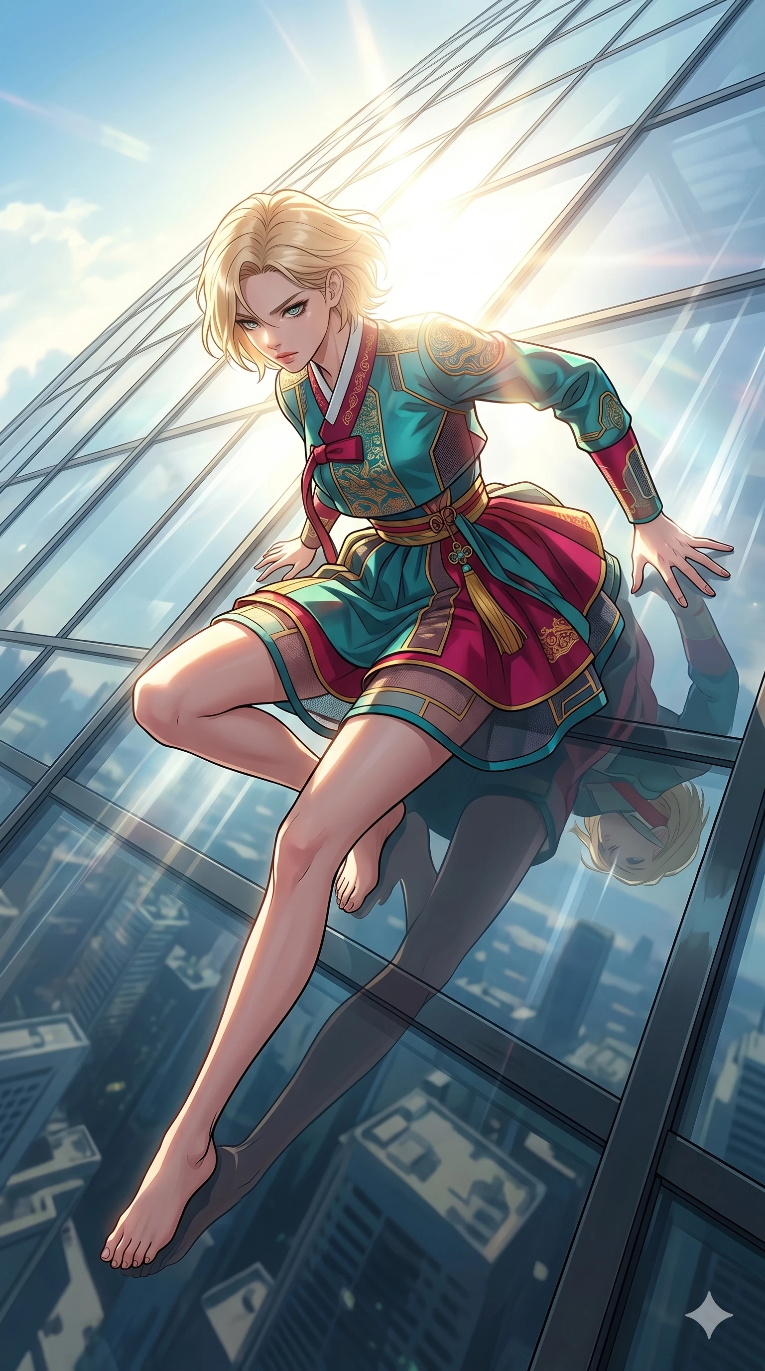 score_9, masterpiece, best quality, ultra-detailed, high-budget anime movie keyframe, cinematic anime lighting, intricate line art, Japanese woman. Dynamic full-body shot stretching the vertical silhouette with extreme perspective. sliding down a glass roof as the sun creates a blinding glare. She has an absolutely perfect 8-heads proportion, an exceptionally tall and slender female figure with graceful and slender proportions. strictly human anatomy, two legs only, no extra limbs, clearly defined legs and arms, perfect anatomy, perfect hands and fingers. sharp v-shaped jawline, high-bridge nose, intricate jewel-like eyes, thick eyelashes, glossy lips. Wearing Modern Traditional: Shortened cyber-hanbok with fusion silk robes and transparent panels. The scene is illuminated by dramatic atmospheric lighting and vibrant color palettes. , 2k, ultra detail, master piece, 9:16 ratio