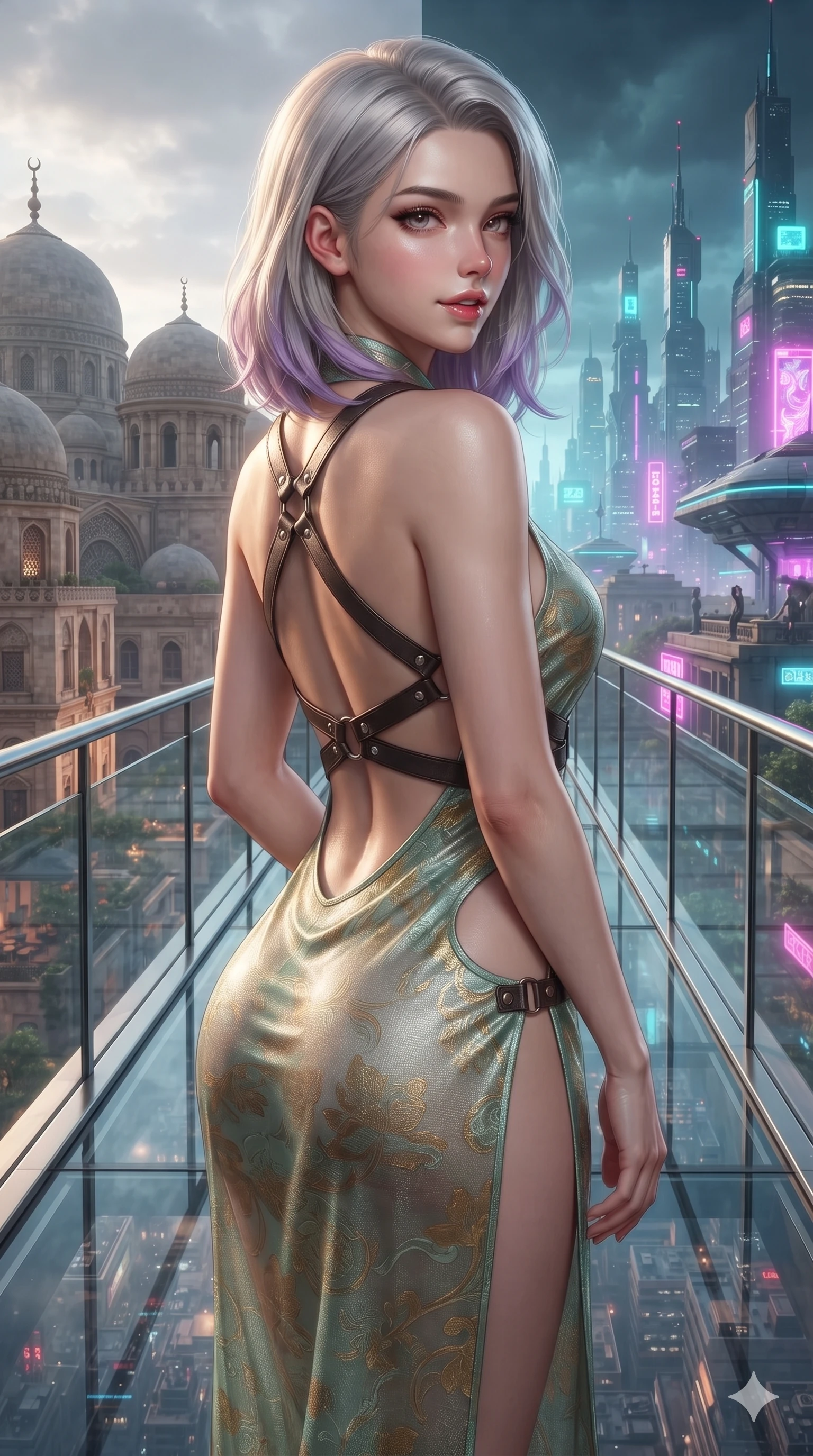 score_9, masterpiece, best quality, ultra-detailed, high-budget anime keyframe, editorial fashion photography, tasteful artistic composition, Caucasian woman. close-up cowboy shot from the waist and thighs up, the character dominates the composition, filling the frame with her large presence. posing in an alluring rear three-quarter angle, looking over a bare shoulder with parted glossy lips, her hips cocked back to highlight her slim hourglass curve while walking slowly along the suspended glass sky-terrace, looking back over her shoulder with an air of effortless grace and an alluring, smoldering smile as heritage stone domes on one side transition into neon cyber-spires on the other. The surrounding environment is rendered in vivid detail and crisp panoramic clarity: detailed liquid-silk jersey evening dress tailoring, open-back leather harness straps, and monumental terrace engineering in razor-sharp precision. She has an exceptionally elegant, slender, and willowy female figure with an ultra-slim waist, flat toned midriff, narrow ribcage, and sculpted feminine hips creating an alluring, slim hourglass silhouette without bulk. sharp v-shaped jawline, high-bridge nose, intricate jewel-like sparkling eyes with depth, thick eyelashes, glossy parted lips with a natural sheen, intensely captivating and seductive bedroom-eyes expression, exuding both youthful cute charm and sovereign luxury allure, flawlessly proportioned anatomical accuracy, strict slender model proportions, natural body alignment, perfectly sculpted long slender limbs, ultra-slim waistline, clean dynamic posture without body distortion. wearing a delicate semi-translucent silk yukata that clings to her wet skin and curvy hip contours in celadon jade and antique gold-leaf, woven from high-density tech-wool with subtle metallic thread weave, featuring an open-back criss-cross harness strap in dark leather, the precision-cut side openings and low-back scoop framing her graceful spine and the sensual sweep of her slim, toned hips. illuminated by glass floor bounce and sharp gold-cyan rim lights defining her razor-sharp jawline, narrow waist, and curvy hips. ultra-reflective glossy finish, specular highlights, rich textural contrasts, high-contrast stereoscopic depth, volumetric dynamic lighting, 2k, ultra detail, master piece, 9:16 ratio