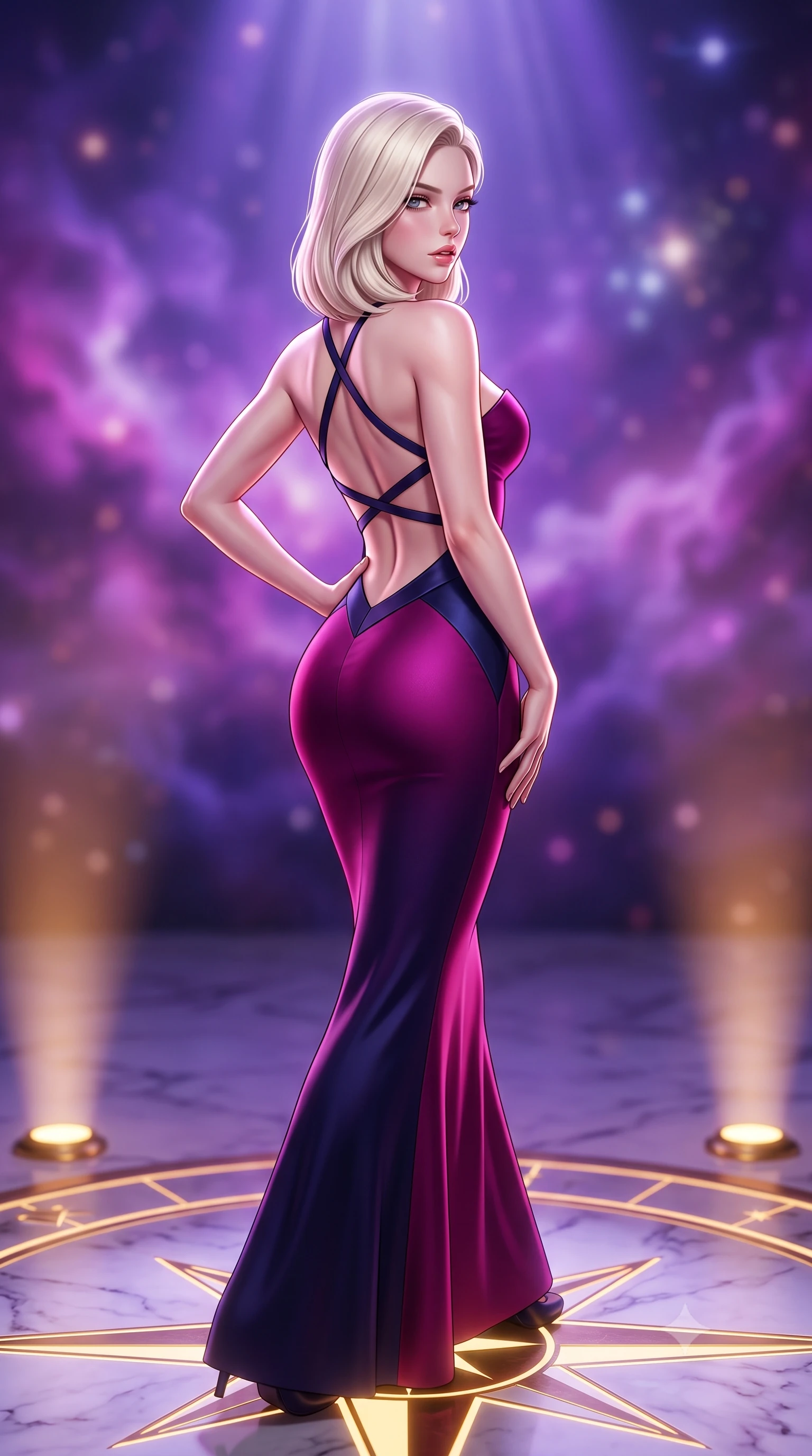 score_9, masterpiece, best quality, ultra-detailed, high-budget anime keyframe, semi-realistic 3D game render, editorial fashion photography, tasteful artistic composition, Caucasian woman. close-up cowboy shot from the waist and thighs up, the character dominates the composition, filling the frame with her large presence. posing in an alluring rear three-quarter angle, arching her lower back in a pronounced S-curve with one hand on her hip, glancing seductively over her bare shoulder with parted glossy lips while striding across the illuminated marble star-chart floor, hips swaying with sovereign cosmic empress charisma. The composition keeps background elements in soft focus with creamy bokeh. swirling violet and magenta nebula clouds and distant star clusters blurred into celestial indigo, pink, and diamond-white bokeh. She has an exceptionally elegant, slender, and willowy female figure with an ultra-slim waist, a gracefully sculpted slender torso, toned flat midriff, and rounded feminine hips creating an alluring hourglass silhouette. sharp v-shaped jawline, high-bridge nose, intricate jewel-like eyes with depth, thick eyelashes, glossy parted lips with a natural sheen, intensely captivating and seductive bedroom-eyes expression, flawlessly proportioned anatomical accuracy, strict slender model proportions, natural body alignment, perfectly sculpted long slender limbs, ultra-slim waistline, clean dynamic posture without body distortion. wearing a midnight silk crepe mermaid gown featuring an architectural strapless neckline and bodycon hip hug in cosmic magenta and dark space navy, tailored from ultra-smooth duchess satin with a pearlescent celestial sheen, finished with criss-cross back straps highlighting her graceful bare spine, the form-contouring material adhering flawlessly to her sculpted flat midriff and slender torso, emphasizing her long leg lines and perfectly proportioned willowy build. bathed in cool violet nebula glow from above and warm golden brass indicator uplights. highly saturated vibrant anime colors, detailed shading with soft gradients, rich glossy textures, high-contrast stereoscopic depth, volumetric dynamic lighting, master piece, 9:16 ratio