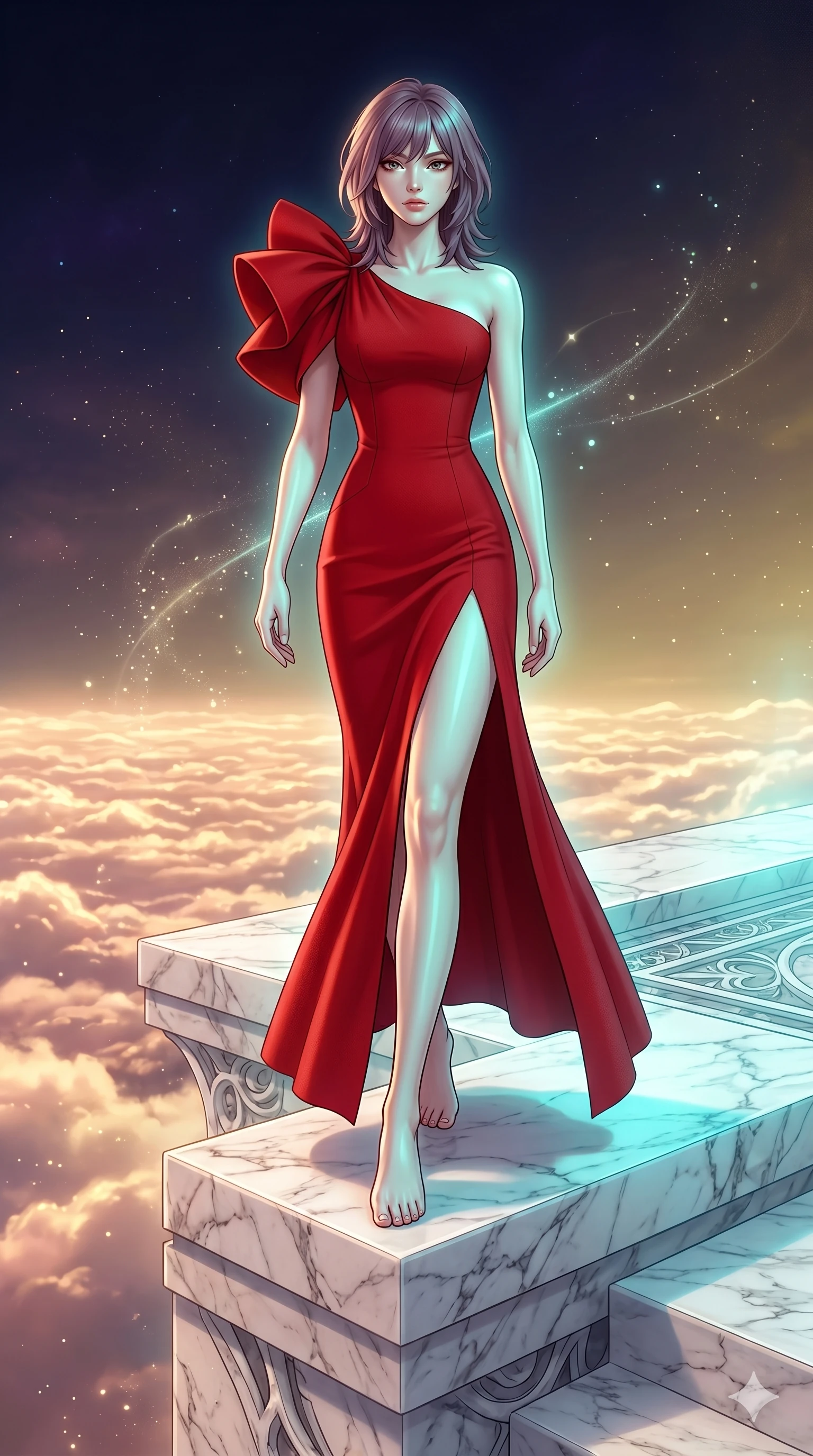 score_9, masterpiece, best quality, ultra-detailed, high-budget anime keyframe, editorial fashion photography, tasteful artistic composition, Japanese woman. low angle full-body shot from head to toe showing her feet, filling the entire 9:16 vertical frame with her statuesque presence, stretching her vertical silhouette. Stepping powerfully forward onto an elevated surface atop a floating white marble terrace above a sea of luminous rose-gold clouds. She has an absolutely perfect 8-heads proportion, an exceptionally tall and slender female figure with impossibly long slender legs and an ultra-slim waist. V-shaped jawline, high-bridge nose, intricate jewel-like eyes with depth, thick eyelashes, glossy lips with a natural sheen. wearing a scarlet red crepe floor-length one-shoulder gown with a structured fitted bodice, a bold side slit ascending to mid-thigh, and dramatic architectural volume at the shoulder. illuminated by soft aqua bioluminescent light that makes her skin luminously glow against the dark. 2k, ultra detail, master piece, 9:16 ratio