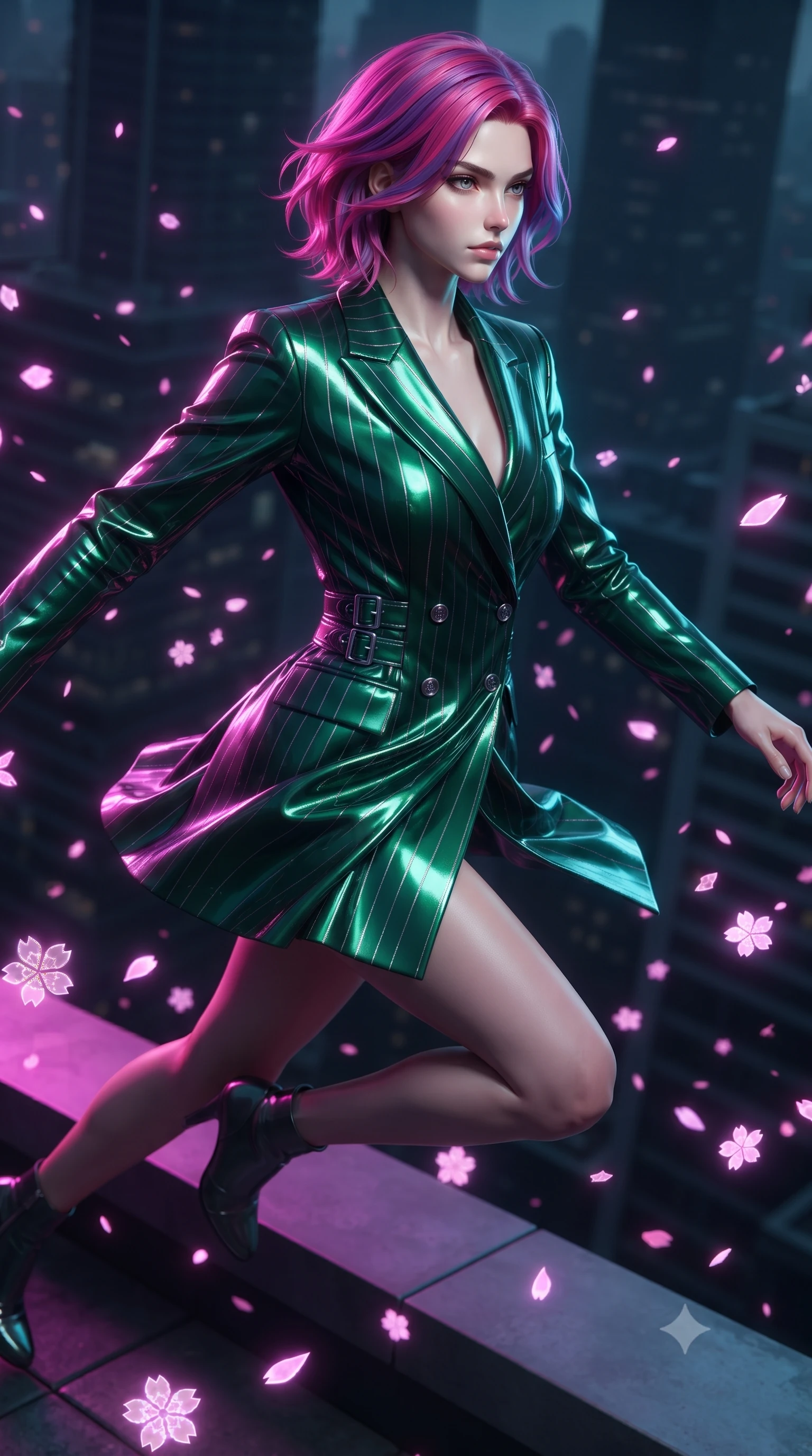 score_9, masterpiece, best quality, ultra-detailed, high-budget anime keyframe, editorial fashion photography, tasteful artistic composition, Caucasian woman. close-up cowboy shot from the waist and thighs up, the character dominates the composition, filling the frame with her large presence, background elements kept in soft focus. Gazing past the lens with composed intensity as her torso curves dynamically in mid-motion while leaping across the ledge of a skyscraper rooftop as digital sakura petals blizzard around her, fluttering lightweight attire catching the high-altitude urban wind. She has an exceptionally elegant, slender, and willowy female figure with an ultra-slim waist, a gracefully sculpted slender torso, and a refined silhouette. sharp v-shaped jawline, high-bridge nose, intricate jewel-like eyes with depth, thick eyelashes, glossy lips with a natural sheen, flawlessly proportioned anatomical accuracy, natural body alignment, perfectly sculpted elegant limbs, clean dynamic posture without body distortion. wearing a double-breasted blazer dress with subtle metallic pin-stripes in deep emerald green and silver accent, tailored from high-gloss patent leather, detailed with polished silver buckles along the waistline, the elegant draped fit framing her graceful clavicle and slender torso. drenched in intense neon magenta and cyan rim light with dark urban contrast. ultra-reflective glossy finish, specular highlights, metallic sheen, high-contrast stereoscopic depth, volumetric dynamic lighting, 2k, ultra detail, master piece, 9:16 ratio