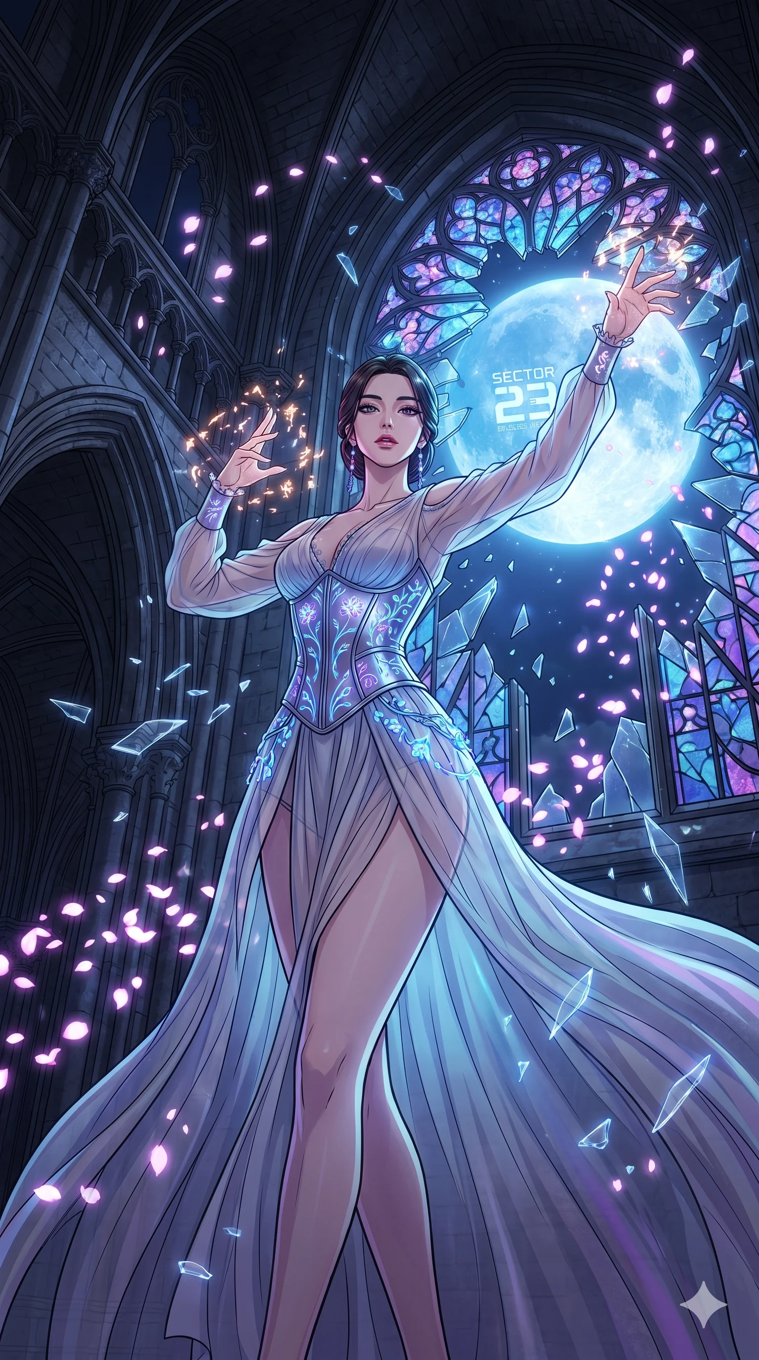 score_9, masterpiece, best quality, ultra-detailed, Set A: High-budget Anime Keyframe, Korean woman. Low angle cowboy shot filling the entire 9:16 frame with her statuesque presence. Casting a spell through a shattered glass cathedral, with a massive holographic moon rising behind her marked as sector 23 and surrounded by digital sakura petals. She has an absolutely perfect 8-heads proportion, an exceptionally tall and slender female figure with impossibly long slender legs and an ultra-slim waist. Sharp v-shaped jawline, high-bridge nose, intricate jewel-like eyes with depth, thick eyelashes, glossy lips with a natural sheen. Wearing Sheer chiffon gown with a metallic corset and bioluminescent floral patterns. Cinematic lighting, vibrant colors, dramatic shadows, 2k, ultra detail, master piece, 9:16 ratio