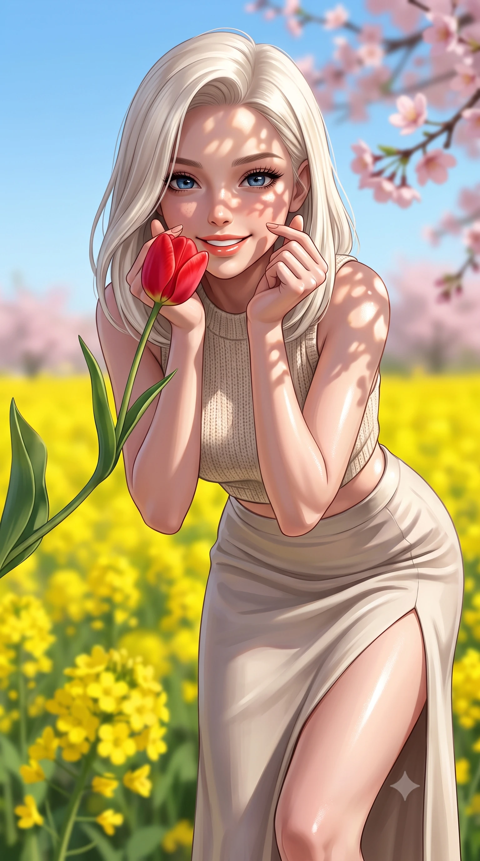 score_9, masterpiece, best quality, ultra-detailed, high-budget anime keyframe, editorial fashion photography, tasteful artistic composition, Caucasian woman. close-up cowboy shot from the waist and thighs up, the character dominates the composition, filling the frame with her large presence, background elements kept in soft focus. flashing a bright, sunny grin, holding her fingers in a cute small heart shape set against a soft-focus background of in a vast field of bright yellow canola flowers under a clear blue sky bending down to smell a red tulip with a sweet, lovely expression. She has an exceptionally elegant, slender, and willowy female figure with an ultra-slim waist, a gracefully sculpted slender torso, and a refined silhouette. sharp v-shaped jawline, high-bridge nose, intricate jewel-like eyes with depth, thick eyelashes, glossy lips with a natural sheen. wearing form-contouring crop top in oatmeal knit paired with a flowy midi skirt featuring a high side slit. dappled sunlight filtering through the cherry blossom branches onto her face. ultra-reflective glossy finish, specular highlights, metallic sheen, high-contrast stereoscopic depth, volumetric dynamic lighting, 2k, ultra detail, master piece, 9:16 ratio