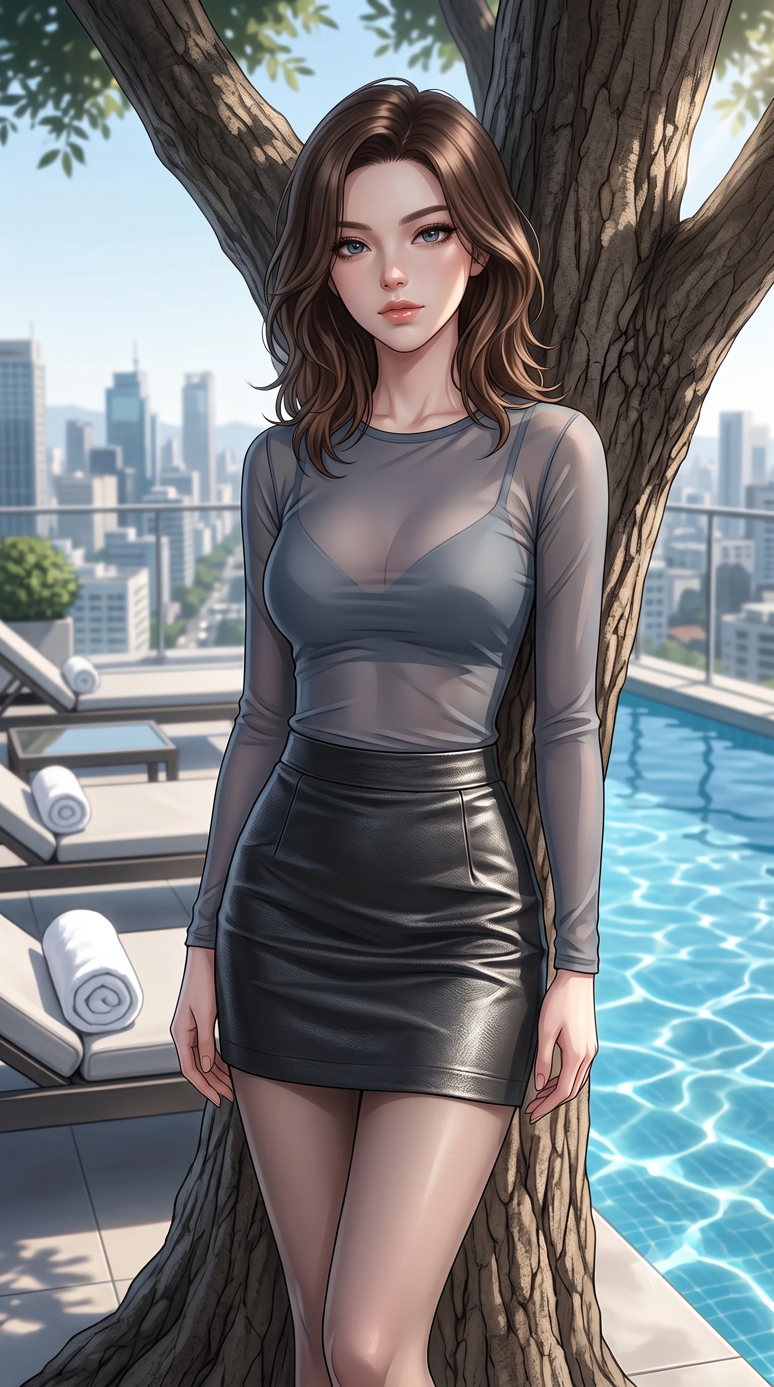 score_9, masterpiece, best quality, ultra-detailed, high-budget anime keyframe, editorial fashion photography, tasteful artistic composition, Korean woman woman. close-up cowboy shot from the waist and thighs up, the character dominates the composition, filling the frame with her large presence, background elements kept in soft focus. standing relaxed against a tree trunk, sharing a quiet, serene moment with the viewer the background shows a soft-focus a luxury hotel rooftop pool with sunbeds and white towels, looking out at the city. She has an exceptionally elegant, slender, and willowy female figure with an ultra-slim waist, a gracefully sculpted slender torso, and a refined silhouette. sharp v-shaped jawline, high-bridge nose, intricate jewel-like eyes with depth, thick eyelashes, glossy lips with a natural sheen. wearing a body-hugging semi-transparent mesh top in slate grey, paired with a leather mini skirt and sheer stockings. bright afternoon sunbeams creating shimmering patterns in the blue pool water. 2k, ultra detail, master piece, 9:16 ratio