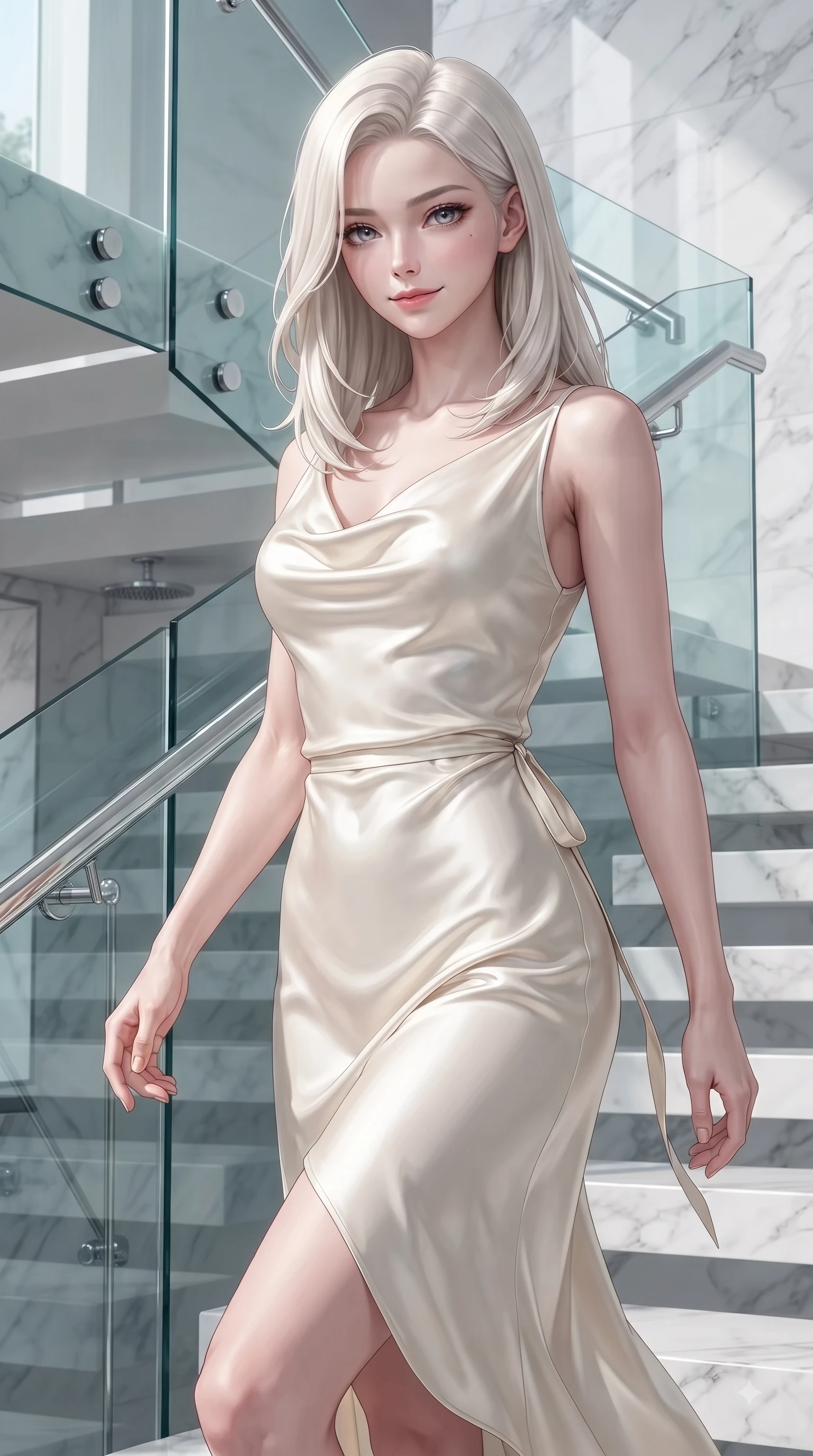 score_9, masterpiece, best quality, ultra-detailed, high-budget anime keyframe, editorial fashion photography, tasteful artistic composition, Caucasian woman. close-up cowboy shot from the waist and thighs up, the character dominates the composition, filling the frame with her large presence. Airy, translucent innocence with a soft subtle smile and a clear, pristine gaze into the lens while ascending a minimalist floating staircase with flawless statuesque proportions. The surrounding environment is rendered in vivid detail and crisp panoramic clarity. crisp glass geometric panels, polished chrome fixtures, and white marble textures in deep focus. She has an exceptionally elegant, slender, and willowy female figure with an ultra-slim waist, a gracefully sculpted slender torso, and a refined silhouette. sharp v-shaped jawline, high-bridge nose, intricate jewel-like eyes with depth, thick eyelashes, glossy lips with a natural sheen, flawlessly proportioned anatomical accuracy, natural body alignment, perfectly sculpted elegant limbs, clean dynamic posture without body distortion. wearing an elegant ivory silk cowl-neck dress with fluid draped lines in royal navy blue and pure ivory, crafted from smooth liquid silk satin, accented with a delicate side waist sash creating fluid lines, the fluid drape swaying gracefully with her dynamic editorial movement. surrounded by a high-end, luxury architectural fashion aesthetic. ultra-reflective glossy finish, specular highlights, metallic sheen, high-contrast stereoscopic depth, volumetric dynamic lighting, 2k, ultra detail, master piece, 9:16 ratio