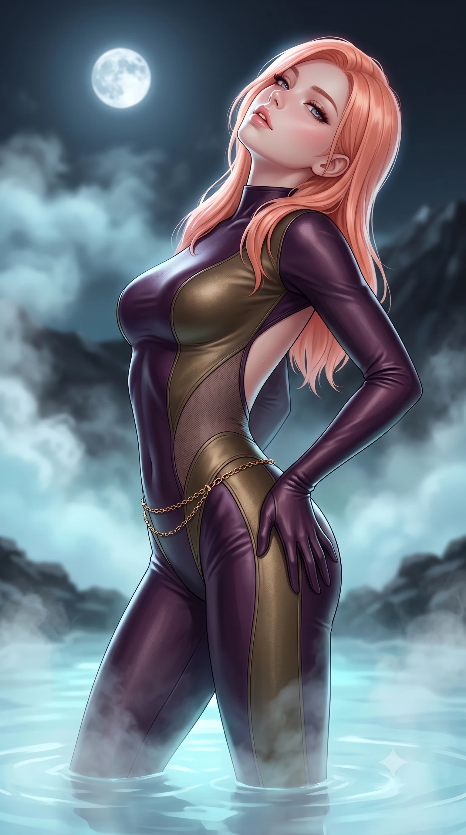 score_9, masterpiece, best quality, ultra-detailed, high-budget anime keyframe, semi-realistic 3D game render, editorial fashion photography, tasteful artistic composition, Japanese woman. close-up cowboy shot from the waist and thighs up, the character dominates the composition, filling the frame with her large presence. arching her spine backward with effortless dancer poise, one hand sliding along her hip line as directional light carves specular highlights along her silhouette while wading through the milky-blue thermal mineral water beneath the full moon, arching her spine in pure pleasure as steam curls around her waist. The composition keeps background elements in soft focus with creamy bokeh. swirling geothermal steam clouds and distant volcanic basalt ridges blurred into milky-cyan, deep charcoal, and silver-moonlight bokeh. She has an exceptionally elegant, slender, and willowy female figure with an ultra-slim waist, flat toned midriff, narrow ribcage, and sculpted feminine hips creating an alluring, slim hourglass silhouette without bulk. sharp v-shaped jawline, high-bridge nose, intricate jewel-like eyes with depth, thick eyelashes, glossy parted lips with a natural sheen, intensely captivating and seductive bedroom-eyes expression, flawlessly proportioned anatomical accuracy, strict slender model proportions, natural body alignment, perfectly sculpted long slender limbs, ultra-slim waistline, clean dynamic posture without body distortion. wearing a second-skin compression catsuit with an open back and sheer mesh side waist contouring in deep plum violet and antique bronze, crafted from second-skin supple lambskin leather with liquid drape, accented with a delicate gold chain belt resting loosely on her curvy hips, the glove-like aerodynamic silhouette tightly following the natural contour of her hips and long slender legs with statuesque 8.5-heads elegance. bathed in soft underwater milky-cyan LED lagoon illumination and cool silver full-moon light from above. highly saturated vibrant anime colors, detailed shading with soft gradients, rich glossy textures, high-contrast stereoscopic depth, volumetric dynamic lighting, master piece, 9:16 ratio