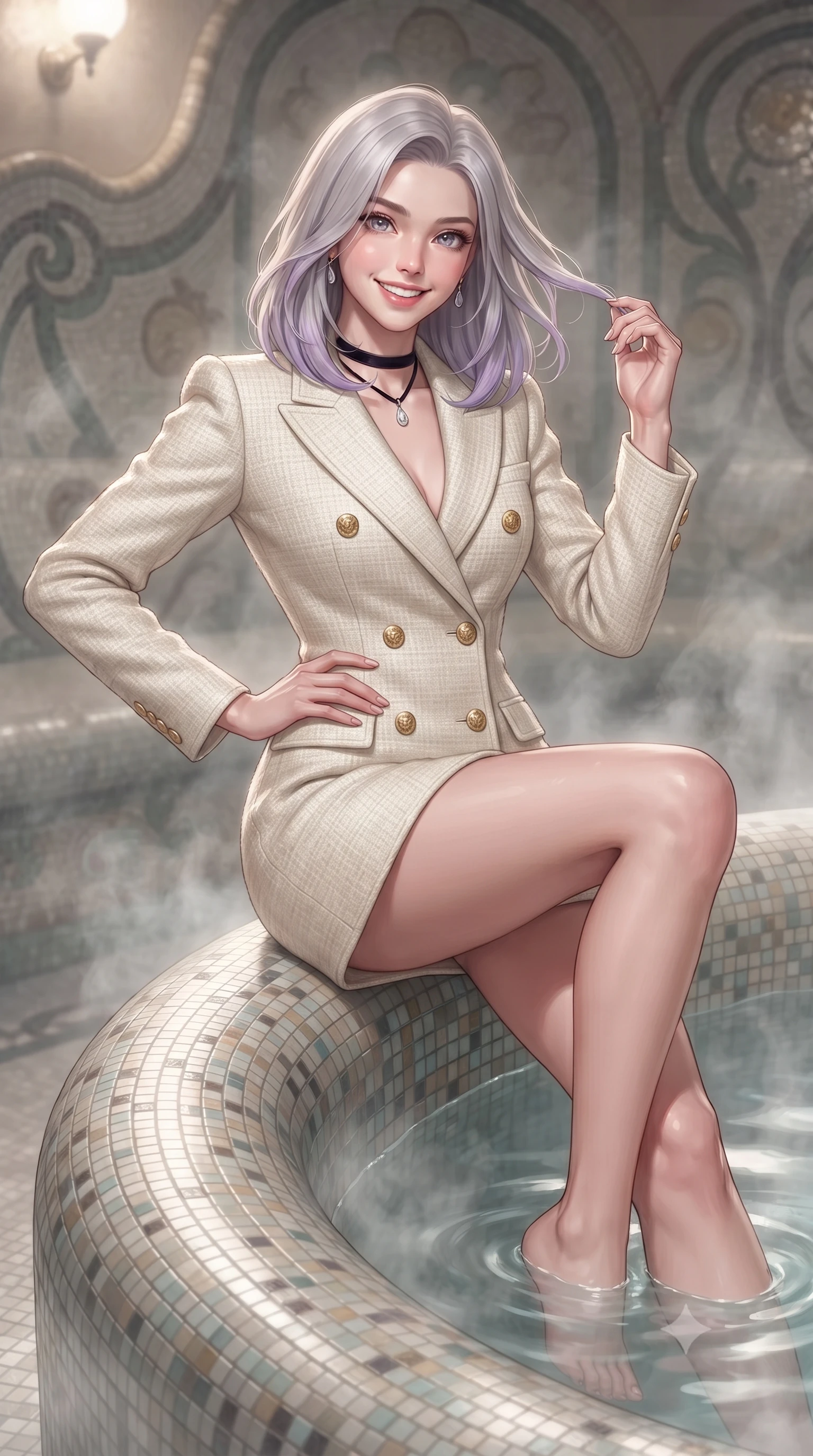 score_9, masterpiece, best quality, ultra-detailed, high-budget anime keyframe, editorial fashion photography, tasteful artistic composition, Caucasian woman. close-up cowboy shot from the waist and thighs up, the character dominates the composition, filling the frame with her large presence. twisting her slender torso in an alluring contrapposto stance, one hand resting on her sculpted hip while her fingers toy with her hair with effortless poise while lounging in the steaming water propped on the curved mosaic rim with legs extended, her statuesque 8.5-heads silhouette commanding the sanctuary. The background shows a soft-focus rising thermal bath vapor softened in Jugendstil private spa shallow focus. She has an exceptionally elegant, slender, and willowy female figure with an ultra-slim waist, flat toned midriff, narrow ribcage, and sculpted feminine hips creating an alluring, slim hourglass silhouette without bulk. sharp v-shaped jawline, high-bridge nose, intricate jewel-like sparkling eyes with depth, thick eyelashes, glossy parted lips with a natural peach sheen, bright cheerful beaming smile with an enchanting and coquettish sensual glint, exuding both youthful cute charm and seductive allure, flawlessly proportioned anatomical accuracy, strict slender model proportions, natural body alignment, perfectly sculpted long slender limbs, ultra-slim waistline, clean dynamic posture without body distortion. wearing a tailored ivory tweed double-breasted blazer dress with gold heraldic crest buttons in Palm Springs desert sunset coral and warm honey champagne, crafted from bespoke double-faced cashmere with an exceptionally soft tactile finish, finished with a thin velvet ribbon choker and a single teardrop diamond pendant, the bespoke structured tailoring following the natural line of her 8.5-heads silhouette with refined elegance. illuminated by water surface reflection bounce and sharp platinum-cyan rim lights sculpting her jawline, narrow waist, and curvy hips. ultra-reflective glossy finish, specular highlights, rich textural contrasts, high-contrast stereoscopic depth, volumetric dynamic lighting, 2k, ultra detail, master piece, 9:16 ratio