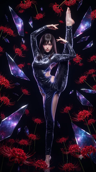 score_9, masterpiece, best quality, ultra-detailed, High-budget Anime Keyframe, editorial fashion photography, tasteful artistic composition, realistic cosplay photography, East Asian woman. Dynamic full-body shot stretching the vertical silhouette t