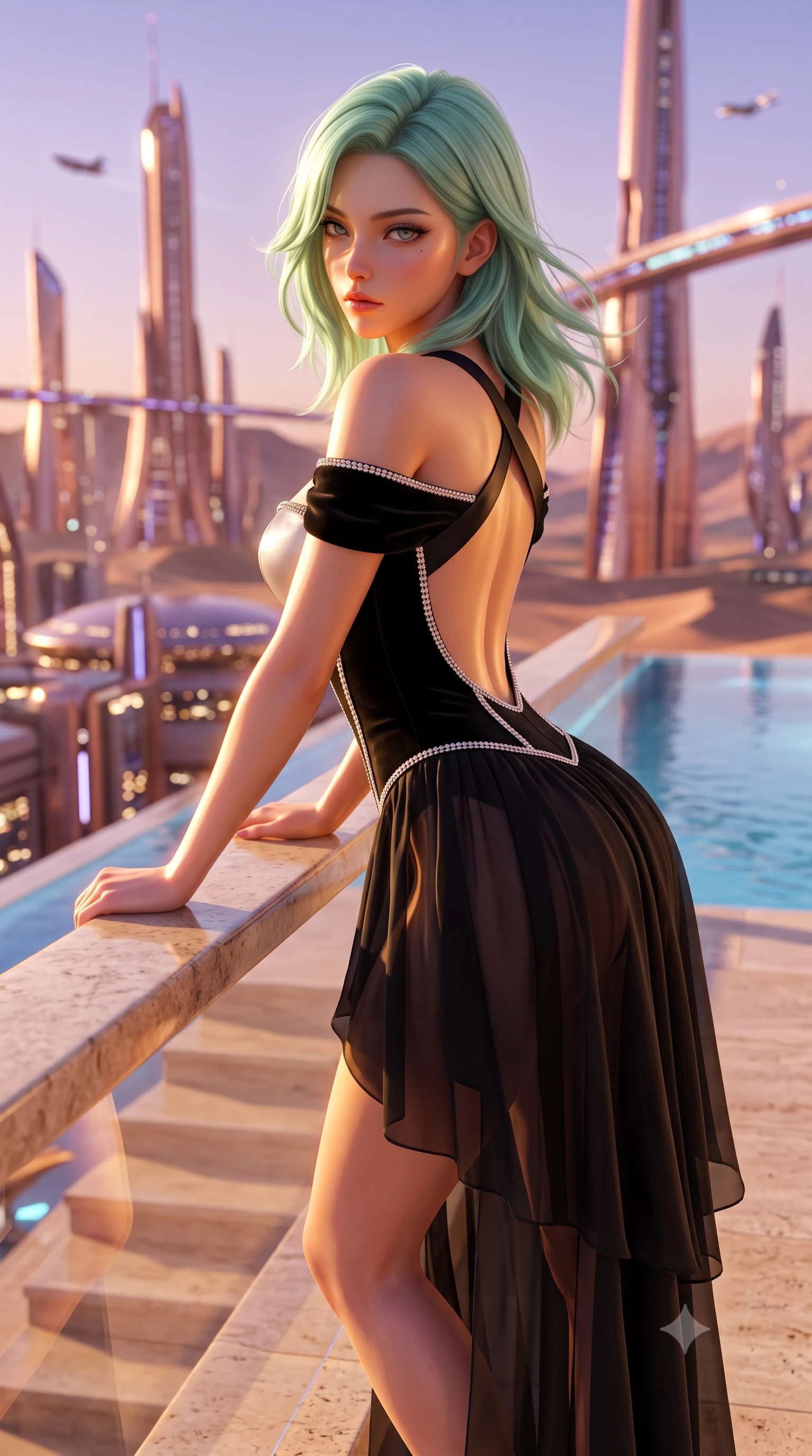 score_9, masterpiece, best quality, ultra-detailed, high-budget anime keyframe, semi-realistic 3D game render, editorial fashion photography, tasteful artistic composition, Japanese woman. close-up cowboy shot from the waist and thighs up, the character dominates the composition, filling the frame with her large presence. leaning forward against the polished railing with her hips cocked back, creating an intoxicating curve from her narrow waist to sculpted hips as she gazes back into the lens while standing poised on the sunlit travertine pool deck, turning in an alluring silhouette as desert twilight paints the sky in shades of rose and copper. The composition keeps background elements in soft focus with creamy bokeh. towering futuristic desert spires and illuminated skyways blurred into shimmering copper, rose-gold, and violet bokeh. She has an exceptionally elegant, slender, and willowy female figure with an ultra-slim waist, flat toned midriff, narrow ribcage, and sculpted feminine hips creating an alluring, slim hourglass silhouette without bulk. sharp v-shaped jawline, high-bridge nose, intricate jewel-like eyes with depth, thick eyelashes, glossy parted lips with a natural sheen, intensely captivating and seductive bedroom-eyes expression, flawlessly proportioned anatomical accuracy, strict slender model proportions, natural body alignment, perfectly sculpted long slender limbs, ultra-slim waistline, clean dynamic posture without body distortion. wearing an off-shoulder French court corset bodice dress paired with a tiered translucent chiffon slit skirt in pitch-black velvet with diamond crystal trim, tailored from ultra-smooth duchess satin with a pearlescent sheen, finished with criss-cross back satin straps highlighting her graceful shoulder blades, the dramatically scooped open back descending to the base of her spine, accentuating her razor-sharp statuesque lines and slim hourglass silhouette. bathed in glorious golden hour Arabian sunset backlighting and warm travertine stone bounce fill. highly saturated vibrant anime colors, detailed shading with soft gradients, rich glossy textures, high-contrast stereoscopic depth, volumetric dynamic lighting, master piece, 9:16 ratio