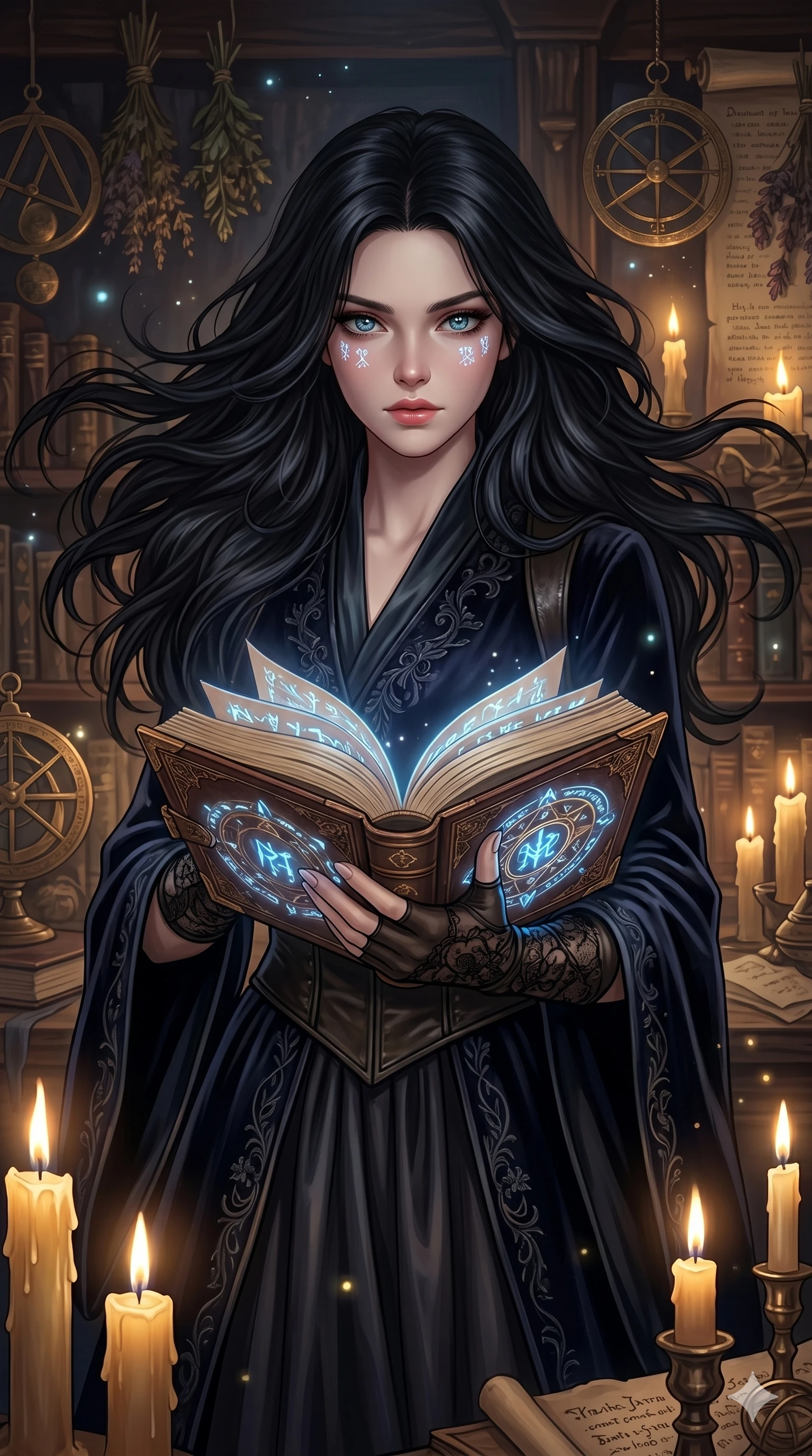 score_9, score_8_up, score_7_up, source_anime, masterpiece, best quality, ultra-detailed, same character with long flowing black hair, wearing elegant dark witch robes, upper body close-up from thigh up filling the screen, reading an ancient glowing grimoire, magical runes reflecting in her eyes, cluttered mystical study room, candle light, 2k, 9:16 ratio