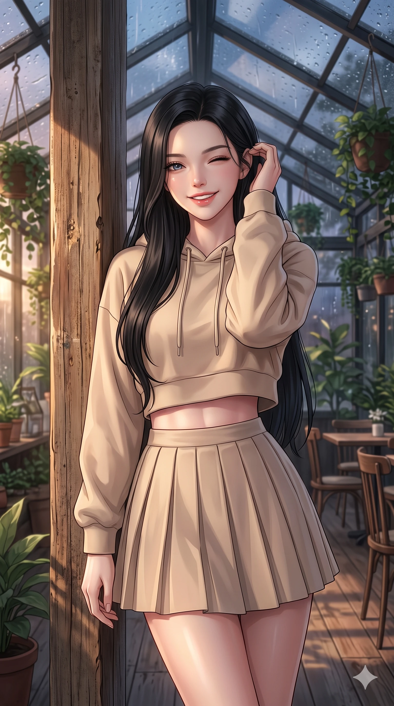 score_9, masterpiece, best quality, ultra-detailed, high-budget anime keyframe, vibrant anime aesthetic, Korean woman. close-up cowboy shot from the waist and thighs up, the character dominates the composition, filling the frame with her large presence, background elements kept in soft focus. She is smiling delightfully while tucking a lock of hair behind her ear, gazing at the camera with sparkling eyes leaning against a rustic wooden column. the background shows a soft-focus spacious greenhouse cafe filled with hanging plants, where rain drums softly on the glass roof panels (Code-P22-106). She has an absolutely perfect proportion, an exceptionally elegant and slender female figure with an ultra-slim waist. V-shaped jawline, high-bridge nose, intricate jewel-like eyes with depth, thick eyelashes, glossy lips with a natural sheen. wearing a cropped hoodie paired with a high-waisted pleated tennis skirt in soft beige. She is bathed in soft, glowing golden hour sun casting long, elegant shadows, highlighting her winking face and glossy lips during the twilight rain. 2k, ultra detail, master piece, 9:16 ratio