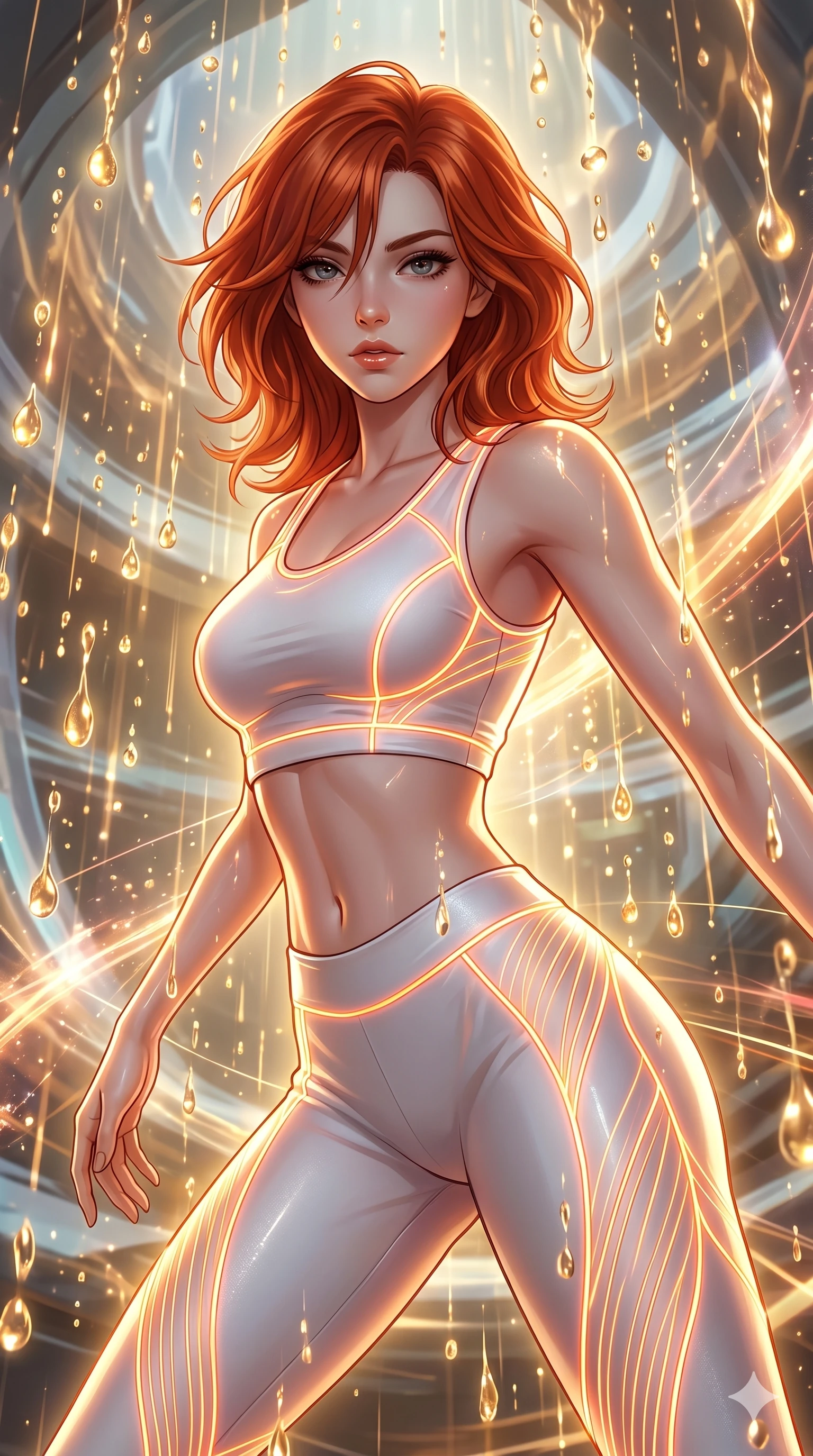score_9, masterpiece, best quality, ultra-detailed, high-budget anime keyframe, Korean woman. upper body close-up from the thighs up, character filling the screen for maximum presence. dodging ethereal liquid gold rain that rises upward from the ground in warm shimmering droplets under an inverted gravity field. She has an absolutely perfect 8-heads proportion, an exceptionally tall and slender female figure with impossibly long slender legs and an ultra-slim waist. V-shaped jawline, high-bridge nose, intricate jewel-like eyes with depth, thick eyelashes, glossy lips with a natural sheen.. wearing a neon filament athleisure set, featuring a tight white crop top and matching leggings woven with glowing orange neon filaments, highlighting her slender body contour. lit by a soft glowing ambient light and a sharp side key light that traces the sleek contours of her athletic build. 2k, ultra detail, master piece, 9:16 ratio