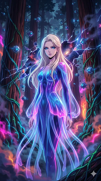 score_9, masterpiece, best quality, ultra-detailed, Set A: High-budget Anime Keyframe, Caucasian (human ears) woman. Upper body close-up from the thighs up, character filling the screen for maximum presence. Theme: Abstract Cosmic. shattering the fab