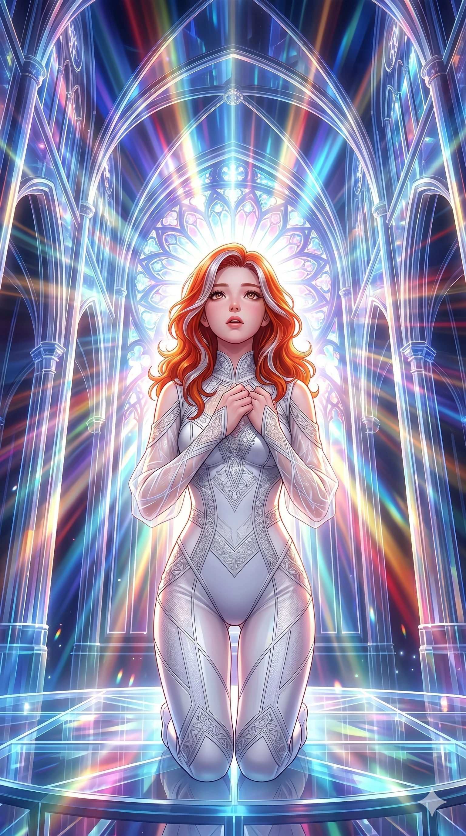 score_9, masterpiece, best quality, ultra-detailed, high-budget anime keyframe, Caucasian woman, strictly human ears. Upper body close-up from the thighs up, character filling the screen for maximum presence. Inside a digital cathedral made of light beams, kneeling on a glass altar, looking up with an awe-struck expression. She is wearing a white high-fashion unitard with silver accents and sheer sleeves. The scene is backlit by intense multi-colored light rays filtering through digital glass. 2k, ultra detail, master piece, 9:16 ratio
