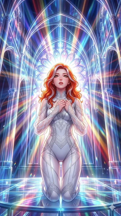 score_9, masterpiece, best quality, ultra-detailed, high-budget anime keyframe, Caucasian woman, strictly human ears. Upper body close-up from the thighs up, character filling the screen for maximum presence. Inside a digital cathedral made of light 