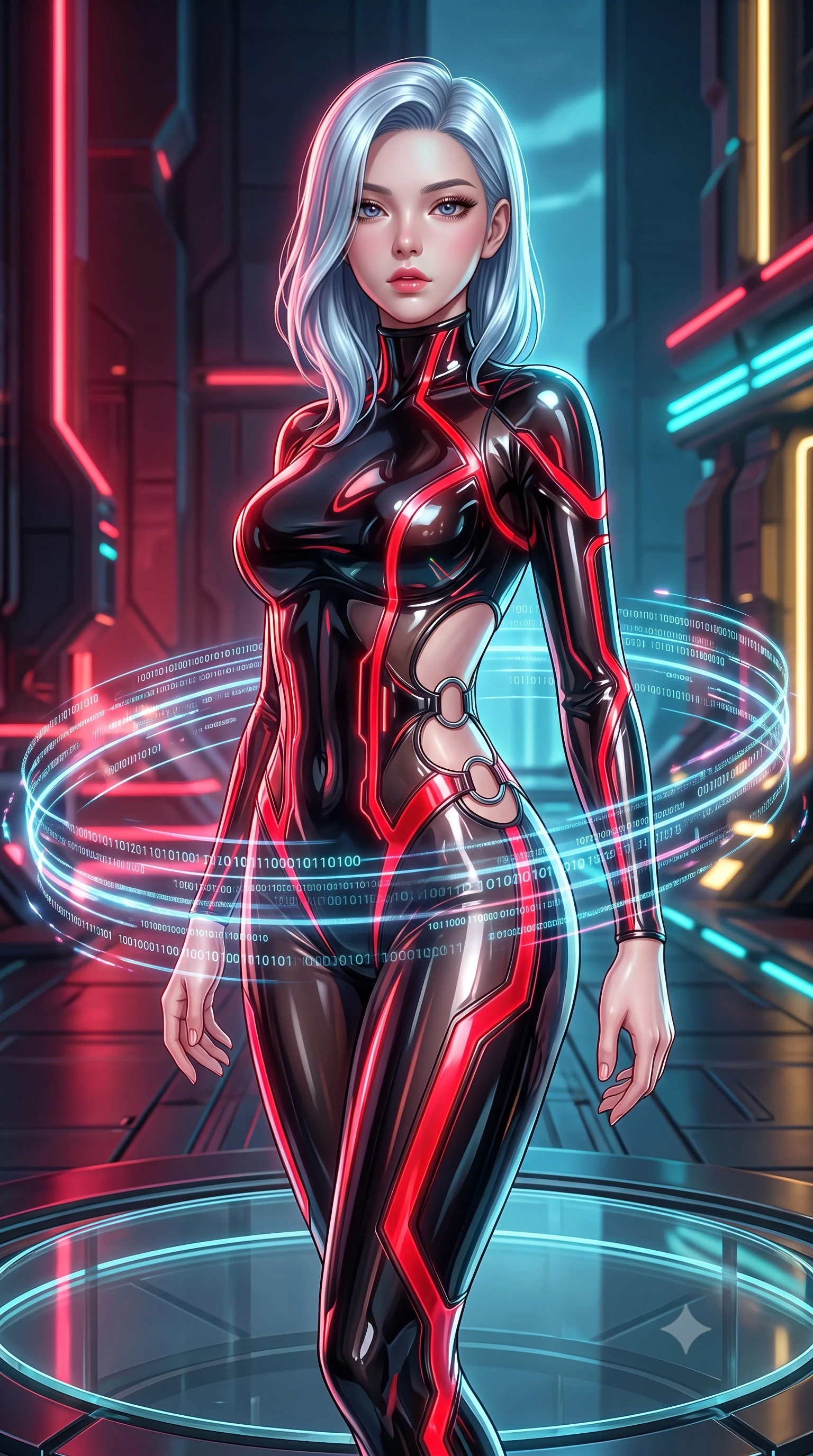 score_9, masterpiece, best quality, ultra-detailed, high-budget anime keyframe, semi-realistic 3D game render, editorial fashion photography, tasteful artistic composition, Korean woman. close-up cowboy shot from the waist and thighs up, the character dominates the composition, filling the frame with her large presence. looking into the camera lens with intense, captivating depth, softly parted glossy lips and thick eyelashes framing her ethereal gaze while pivoting dynamically on a circular glass platform as pulsing quantum data streams create swirling holographic rings around her waist. The surrounding environment is rendered in vivid detail and crisp panoramic clarity. vibrant high-contrast cybernetic lighting and monumental quantum architecture in panoramic precision. She has an exceptionally elegant, slender, and willowy female figure with an ultra-slim waist, a gracefully sculpted slender torso, toned flat midriff, and a refined slim silhouette. sharp v-shaped jawline, high-bridge nose, intricate jewel-like eyes with depth, thick eyelashes, glossy lips with a natural sheen, flawlessly proportioned anatomical accuracy, strict slender model proportions, natural body alignment, perfectly sculpted long slender limbs, ultra-slim waistline, clean dynamic posture without body distortion. wearing an aerodynamic sculpted liquid-chrome bodysuit with glowing neon fiber-optic circuitry and an elegant high-fashion cut in high-gloss obsidian black and burning laser crimson accents, tailored from semi-translucent cybernetic vinyl with glowing micro-filaments, detailed with polished silver rings connecting the daring side-waist cutouts, the sleek second-skin cut tightly hugging her graceful clavicle, narrow waist, and feminine curves with athletic precision. illuminated by sharp specular highlights tracing her ultra-slim waist, long legs, and sculpted collarbones. rich saturated anime colors with glowing neon highlights, detailed shading with soft gradients, rich glossy textures, high-contrast stereoscopic depth, volumetric dynamic lighting, master piece, 9:16 ratio