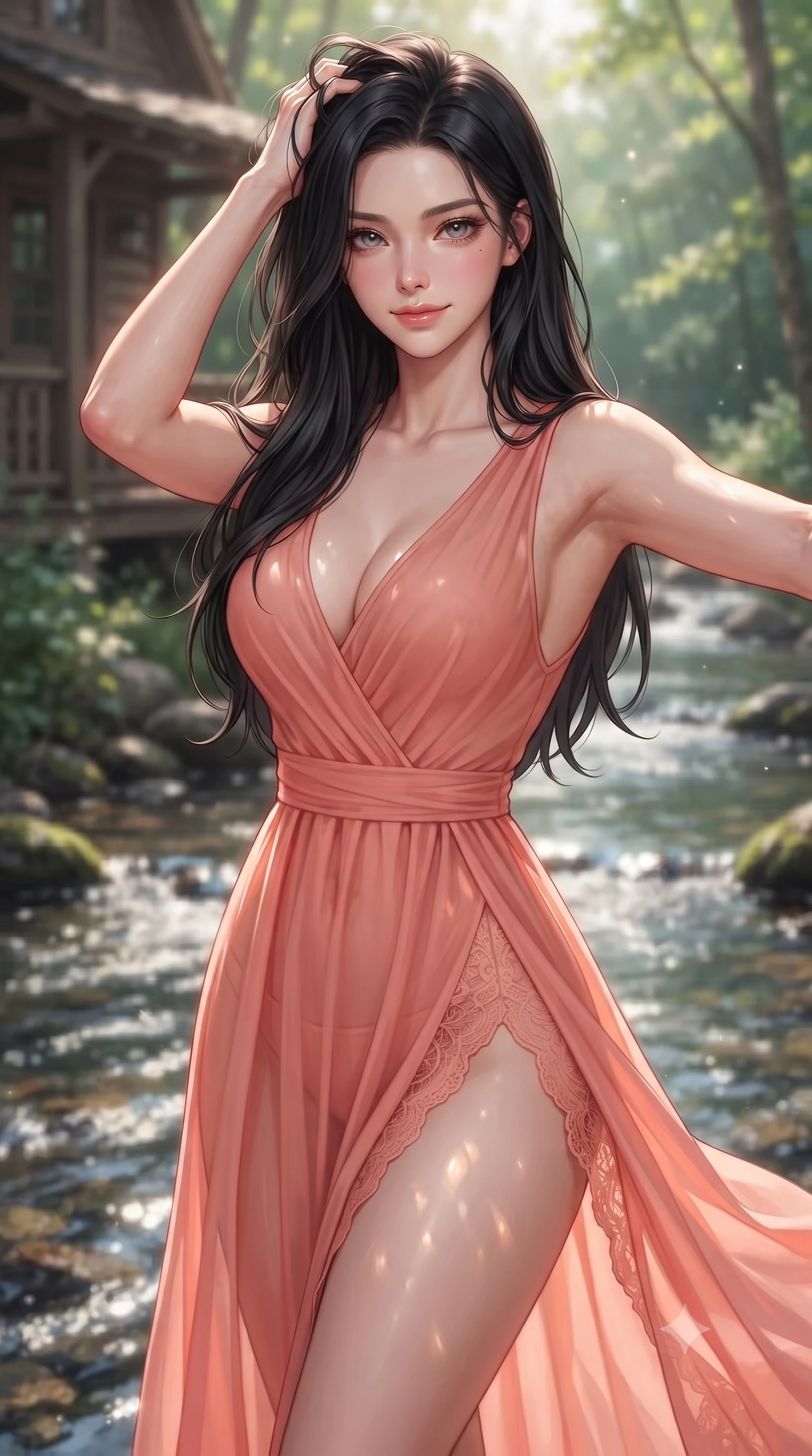 score_9, masterpiece, best quality, ultra-detailed, high-budget anime keyframe, editorial fashion photography, tasteful artistic composition, Korean woman woman. close-up cowboy shot from the waist and thighs up, the character dominates the composition, filling the frame with her large presence, background elements kept in soft focus. smiling with quiet, magnetic self-assurance directly into the camera, running a hand through her hair the background shows a soft-focus a cozy cottage porch beside a bubbling forest stream with clear running water. She has an exceptionally elegant, slender, and willowy female figure with an ultra-slim waist, a gracefully sculpted slender torso, and a refined silhouette. sharp v-shaped jawline, high-bridge nose, intricate jewel-like eyes with depth, thick eyelashes, glossy lips with a natural sheen. wearing a body-hugging high-slit sheer chiffon resort dress in soft coral, revealing the contours of her athletic build through the fabric. dappled sunbeams reflecting off the moving water surface onto her form. ultra-reflective glossy finish, specular highlights, metallic sheen, high-contrast stereoscopic depth, volumetric dynamic lighting, 2k, ultra detail, master piece, 9:16 ratio