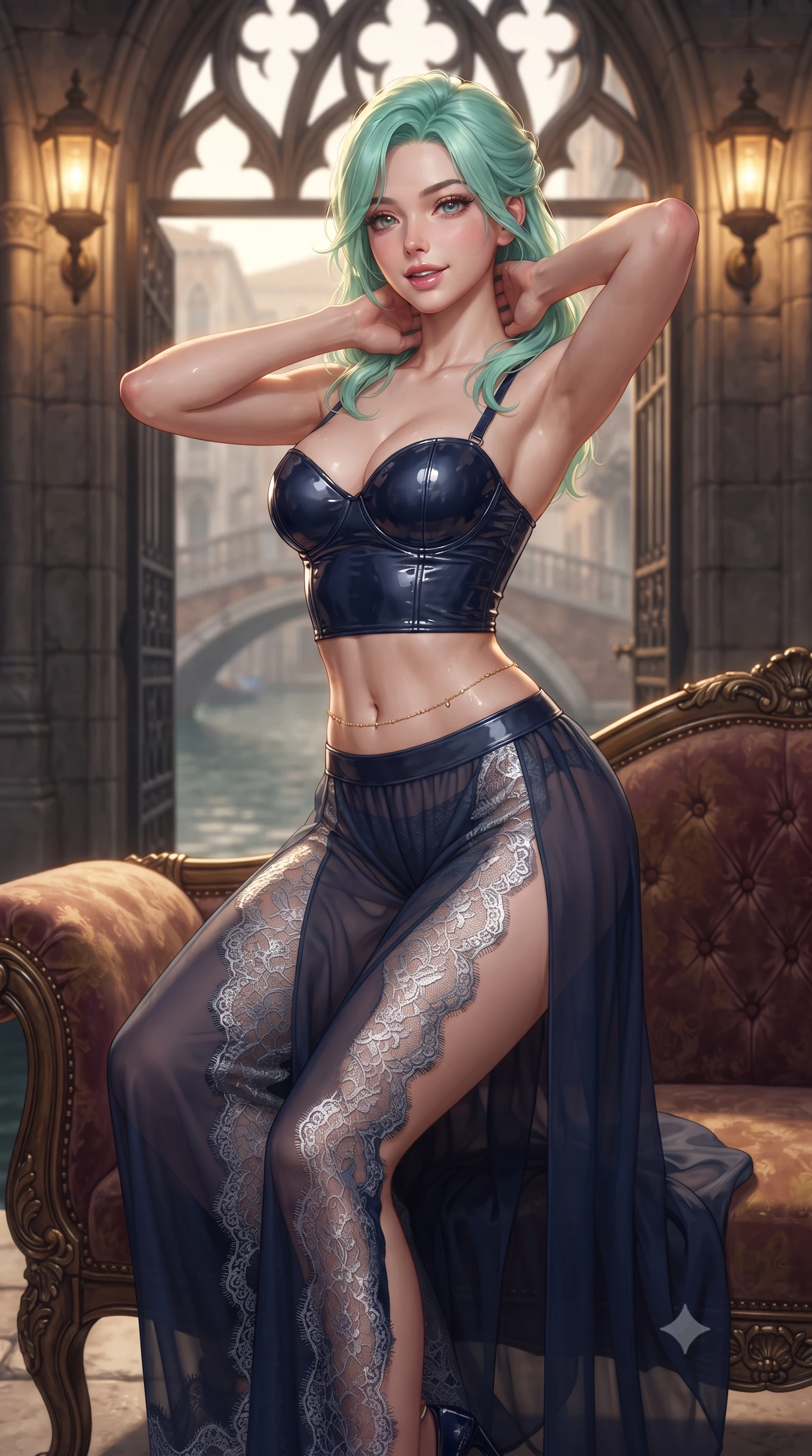 score_9, masterpiece, best quality, ultra-detailed, high-budget anime keyframe, editorial fashion photography, tasteful artistic composition, Japanese woman. close-up cowboy shot from the waist and thighs up, the character dominates the composition, filling the frame with her large presence. resting both hands lightly behind her neck with elbows raised, arching her spine to highlight her narrow waist, flat midriff, and breathtaking collarbones while lounging on an antique velvet-cushioned settee beside the open canal gate, holding a glass of prosecco with sovereign seductive poise. The background shows a soft-focus gothic stone tracery arches softened in romantic maritime historical shallow focus. She has an exceptionally elegant, slender, and willowy female figure with an ultra-slim waist, flat toned midriff, narrow ribcage, and sculpted feminine hips creating an alluring, slim hourglass silhouette without bulk. sharp v-shaped jawline, high-bridge nose, sparkling eyes with hypnotic seductive depth, thick curled eyelashes, glossy parted lips with a natural dewy peach sheen, alluring bedroom-eyes with an enchanting coquettish smile, exuding magnetic siren charisma and sophisticated glamour, flawlessly proportioned anatomical accuracy, strict slender model proportions, natural body alignment, perfectly sculpted long slender limbs, ultra-slim waistline, clean dynamic posture without body distortion. wearing a wet-look form-fitting vinyl bustier paired with sheer chiffon high-slit wide-leg trousers in molten liquid silver and deep sapphire navy, made of delicate semi-sheer French Chantilly lace with intricate eyelash edges, accented with a dainty gold belly chain resting across her flat midriff and curving hips, the precision-cut side openings and low-back scoop framing her graceful spine and the sensual sweep of her slim, toned hips. bathed in the warm golden light of antique brass lanterns mounted on stone walls. ultra-reflective glossy finish, specular highlights, rich textural contrasts, high-contrast stereoscopic depth, volumetric dynamic lighting, 2k, ultra detail, master piece, 9:16 ratio