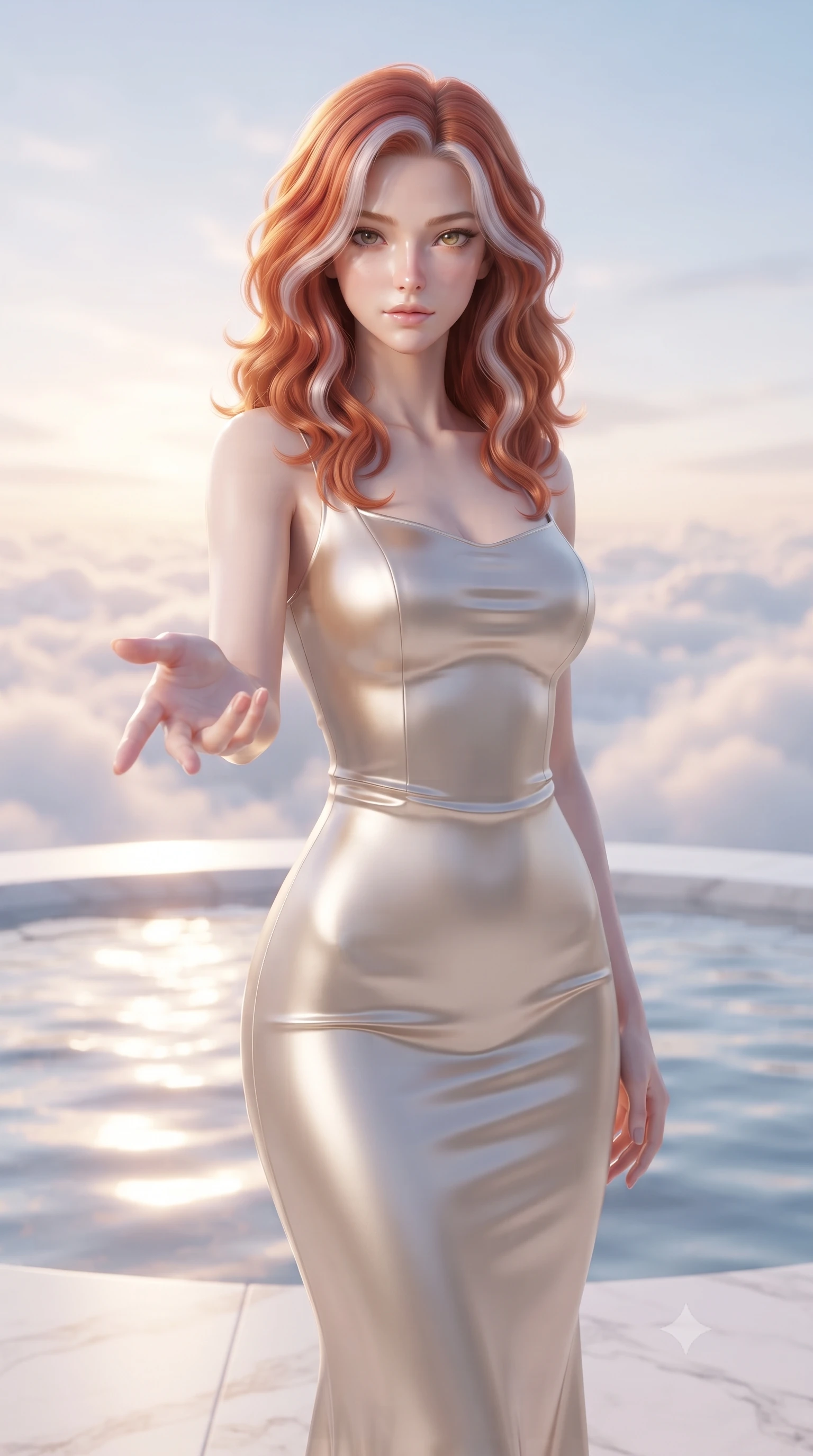score_9, masterpiece, best quality, ultra-detailed, high-budget anime keyframe, editorial fashion photography, tasteful artistic composition, Caucasian woman woman. close-up cowboy shot from the waist and thighs up, the character dominates the composition, filling the frame with her large presence, background elements kept in soft focus. She has an exceptionally elegant, slender, and willowy female figure with an ultra-slim waist, a gracefully sculpted slender torso, and a refined silhouette. reaching one hand toward the viewer with relaxed elegance, her gaze holding quiet authority, flawlessly proportioned anatomical accuracy, natural body alignment, perfectly sculpted elegant limbs, clean dynamic posture without body distortion. set against a soft-focus background of a white marble terrace pool above a sea of clouds. wearing a sculpted champagne satin bodycon gown following her slender silhouette like liquid metal. bathed in soft pastel dawn light reflecting off clear water onto her refined features. ultra-reflective glossy finish, specular highlights, metallic sheen, high-contrast stereoscopic depth, volumetric dynamic lighting, 2k, ultra detail, master piece, 9:16 ratio