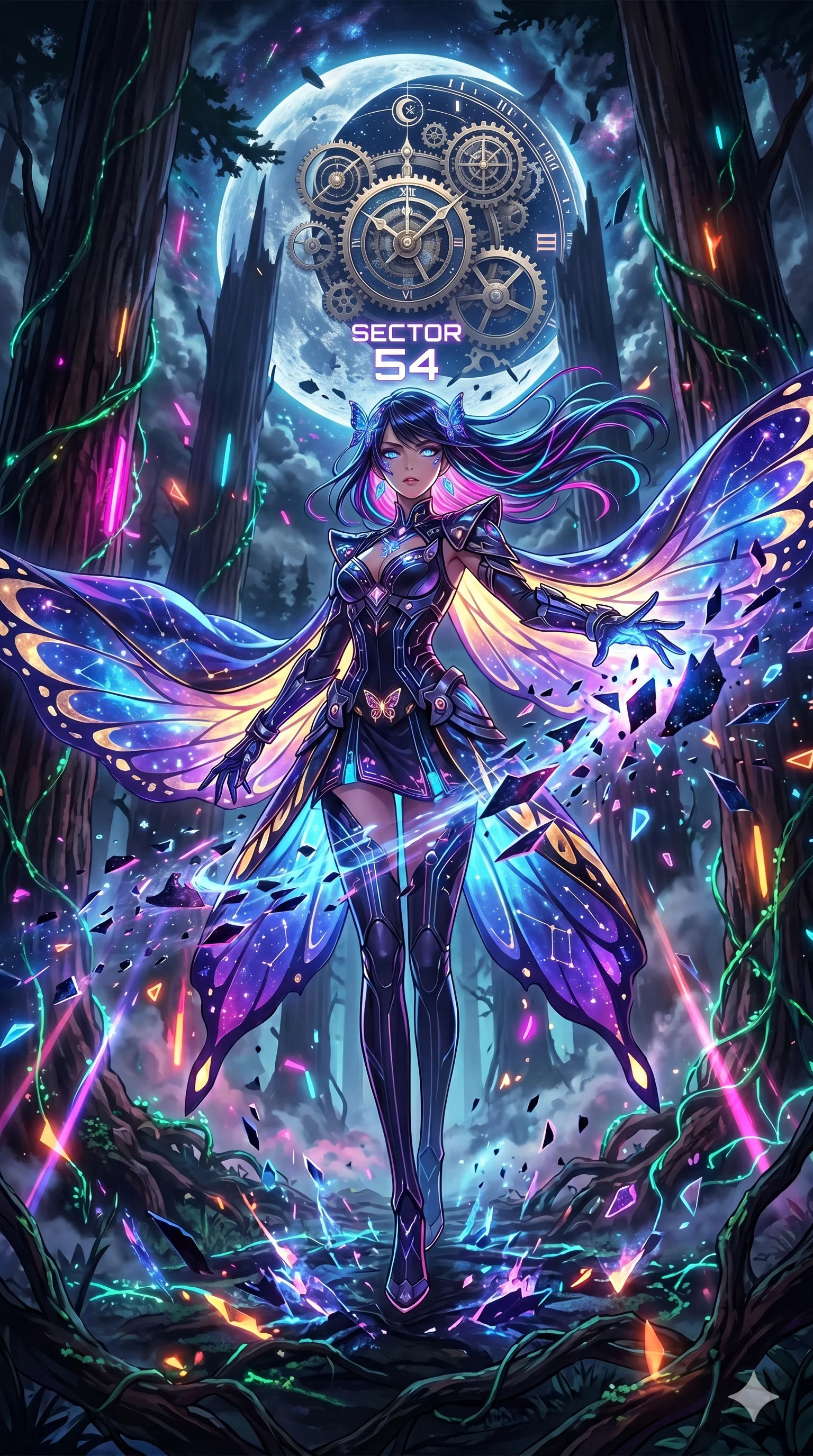 score_9, masterpiece, best quality, ultra-detailed, Set A: High-budget Anime Keyframe, Japanese woman. Low angle cowboy shot filling the entire 9:16 frame with her statuesque presence. Theme: Abstract Cosmic. shattering the fabric of reality in a giant redwood forest with glowing vines, with a massive clockwork moon ticking behind her as sector 54. The atmosphere is filled with heavy smog with neon flares. She has an absolutely perfect 8-heads proportion, an exceptionally tall and slender female figure with impossibly long slender legs and an ultra-slim waist. Sharp v-shaped jawline, high-bridge nose, intricate jewel-like eyes with depth, glossy lips. Wearing Cybernetic butterfly-theme dress with glowing wing-patterned silk capes. Cinematic lighting, vivid colors, dramatic shadows, 2k, ultra detail, master piece, 9:16 ratio