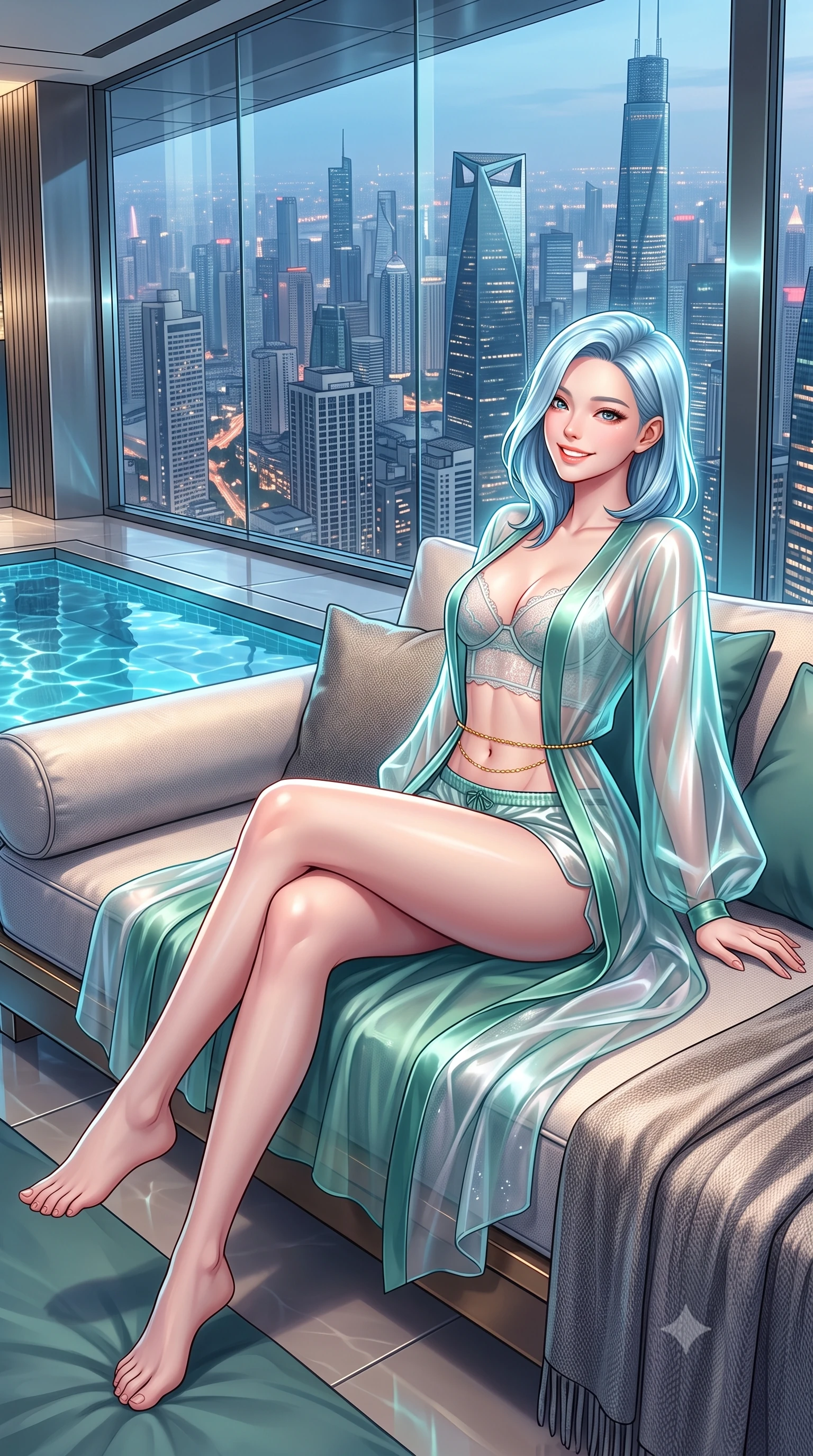 score_9, masterpiece, best quality, ultra-detailed, high-budget anime keyframe, semi-realistic 3D game render, editorial fashion photography, tasteful artistic composition, Korean woman. low angle full-body shot from head to toe showing her feet, filling the entire 9:16 vertical frame with her statuesque presence, stretching her vertical silhouette. lounging on the lavish daybed with legs crossed and hips angled toward the camera, displaying her toned midriff and long slender limbs with effortless siren poise while leaning against the frameless panoramic glass wall with hips cocked back, casting an alluring bedroom-gaze over the endless sea of Shanghai skyscrapers. The surrounding environment is rendered in vivid detail and crisp panoramic clarity: detailed off-the-shoulder sheer illusion mesh evening bodysuit, gold dragon-scale embroidery, and high-tech architecture in razor-sharp precision. She has an exceptionally tall and slender model-like 8.5-heads proportion, an ultra-slim waist, a flat toned midriff, narrow delicate ribcage, and beautifully sculpted feminine hips creating a graceful, slim hourglass silhouette without any bulky heaviness, with impossibly long slender legs. sharp v-shaped jawline, high-bridge nose, intricate jewel-like sparkling eyes with depth, thick eyelashes, glossy parted lips with a natural peach sheen, bright cheerful beaming smile with an enchanting and coquettish sensual glint, exuding both youthful cute charm and seductive allure, flawlessly proportioned anatomical accuracy, strict slender model proportions, natural body alignment, perfectly sculpted long slender limbs, ultra-slim waistline, clean dynamic posture without body distortion. wearing a delicate translucent silk organza wrap robe worn loose over a sheer lace demi-bustier and satin tap pants in Nordic aurora emerald green and starlight silver, crafted from translucent silk organza with an ethereal crystalline sheen, accented with a dainty gold belly chain resting across her flat midriff and curving hips, the second-skin tailored fabric adhering flawlessly to her sculpted flat midriff and slender torso, emphasizing her long leg lines and perfectly proportioned willowy build. illuminated by tub water caustics bounce and sharp platinum-cyan rim lights sculpting her jawline, narrow waist, and curvy hips. highly saturated vibrant anime colors, detailed shading with soft gradients, rich glossy textures, high-contrast stereoscopic depth, volumetric dynamic lighting, master piece, 9:16 ratio